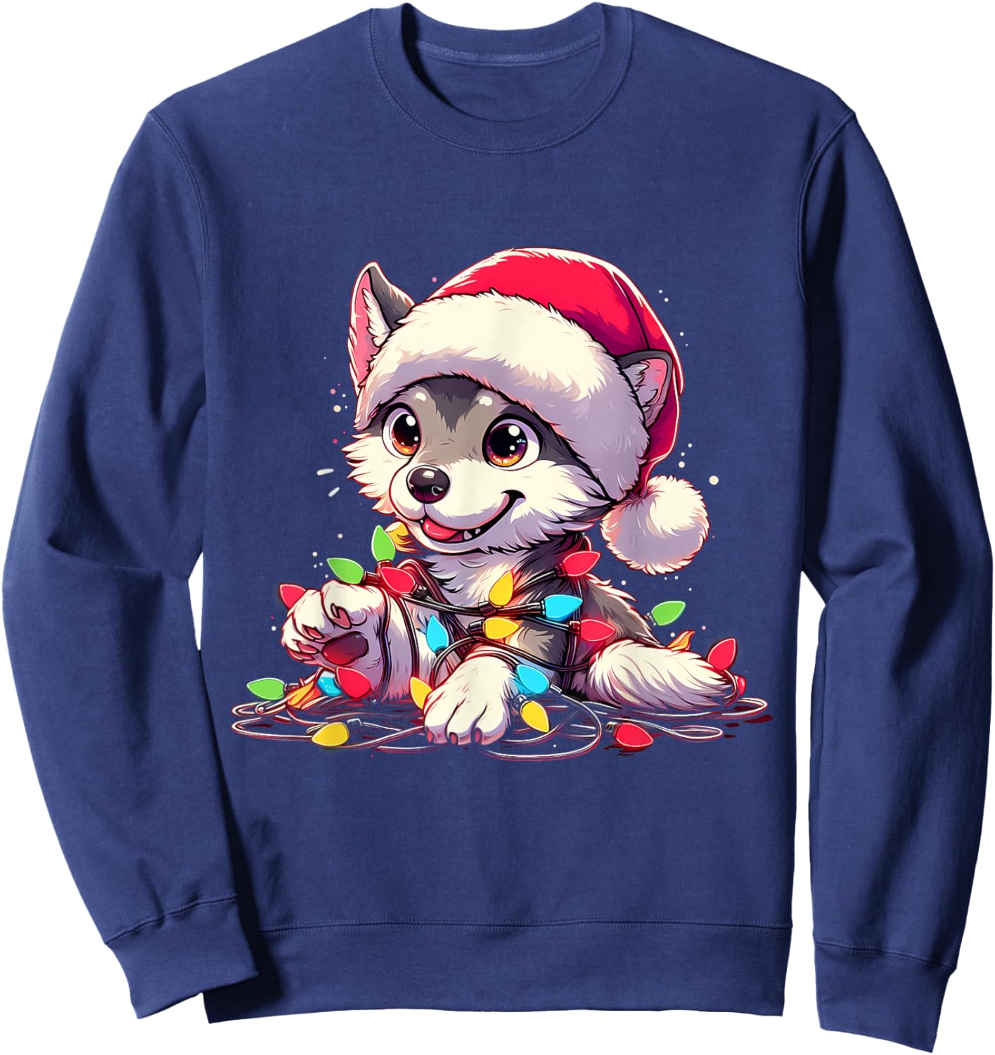Merry Wolfmas Christmas Lights Cute Wolf Santa Hat Sweatshirt - Sweatshirt | Navy