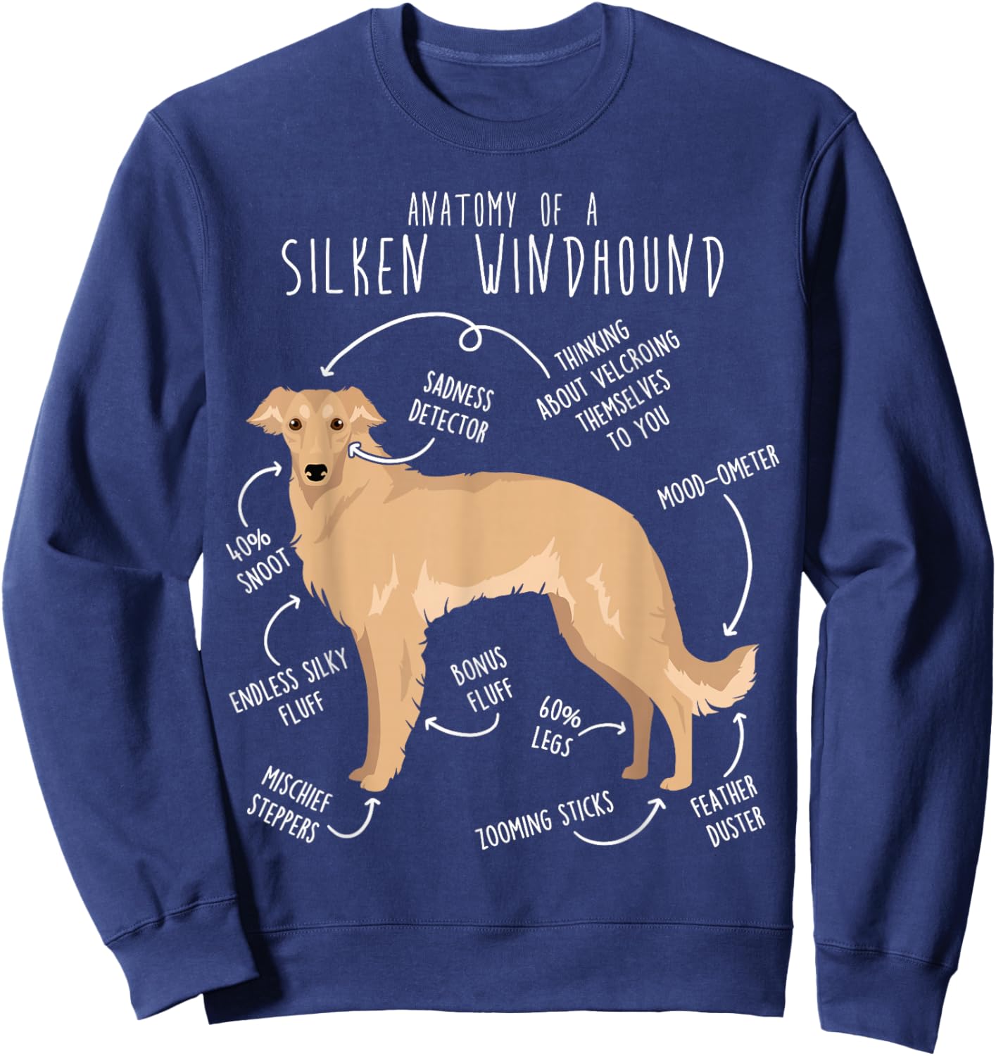 Silken Windhound Anatomy, Funny Cute Pet Lover Fawn Cream Sweatshirt - Sweatshirt | Navy