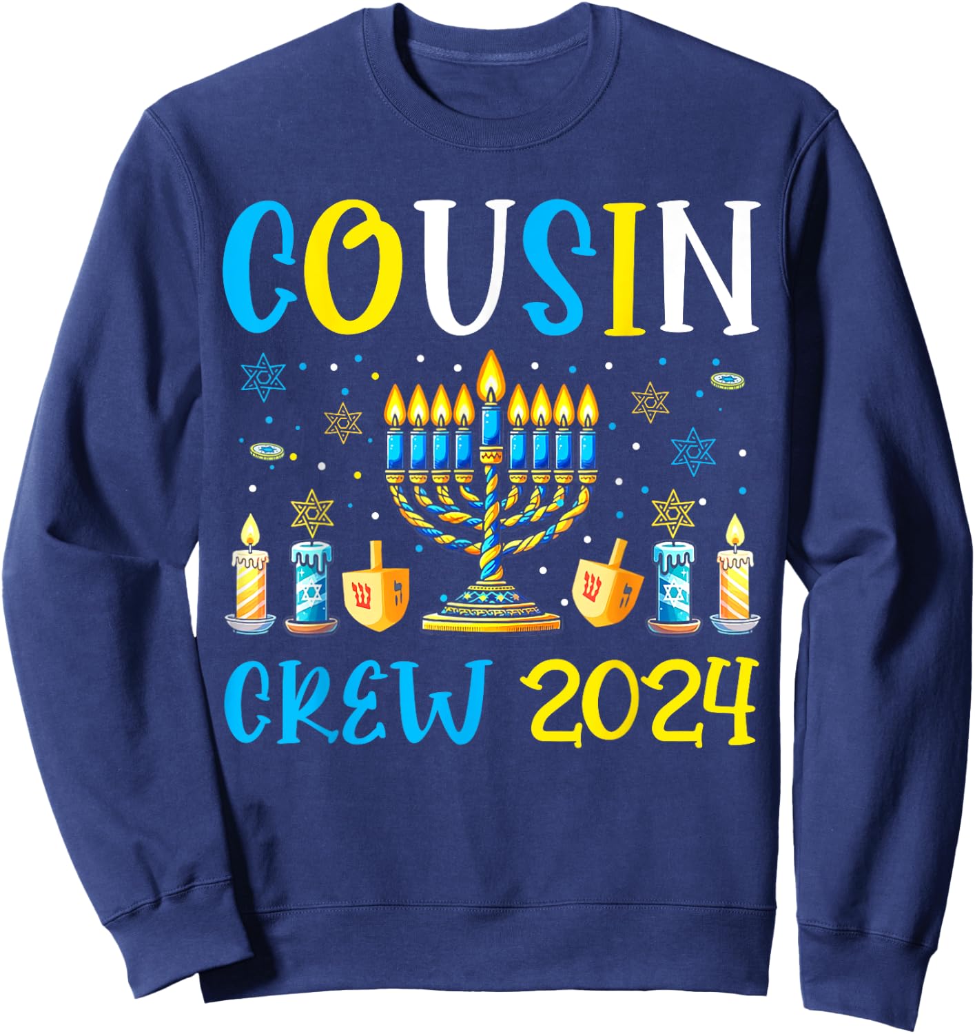 Cousin Crew 2024 Hanukkah Family Costume Menorah Dreidel Sweatshirt - Sweatshirt | Navy