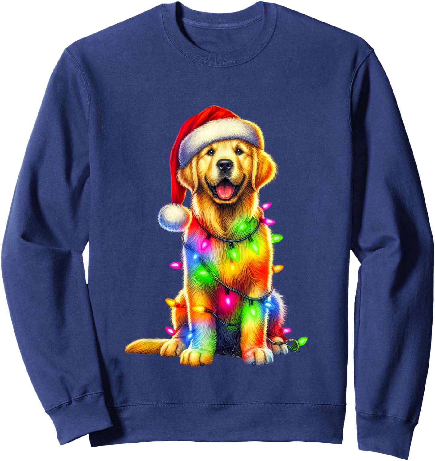Golden Retriever Christmas Lights Santa Hat Xmas Dog Lover Sweatshirt - Sweatshirt | Navy