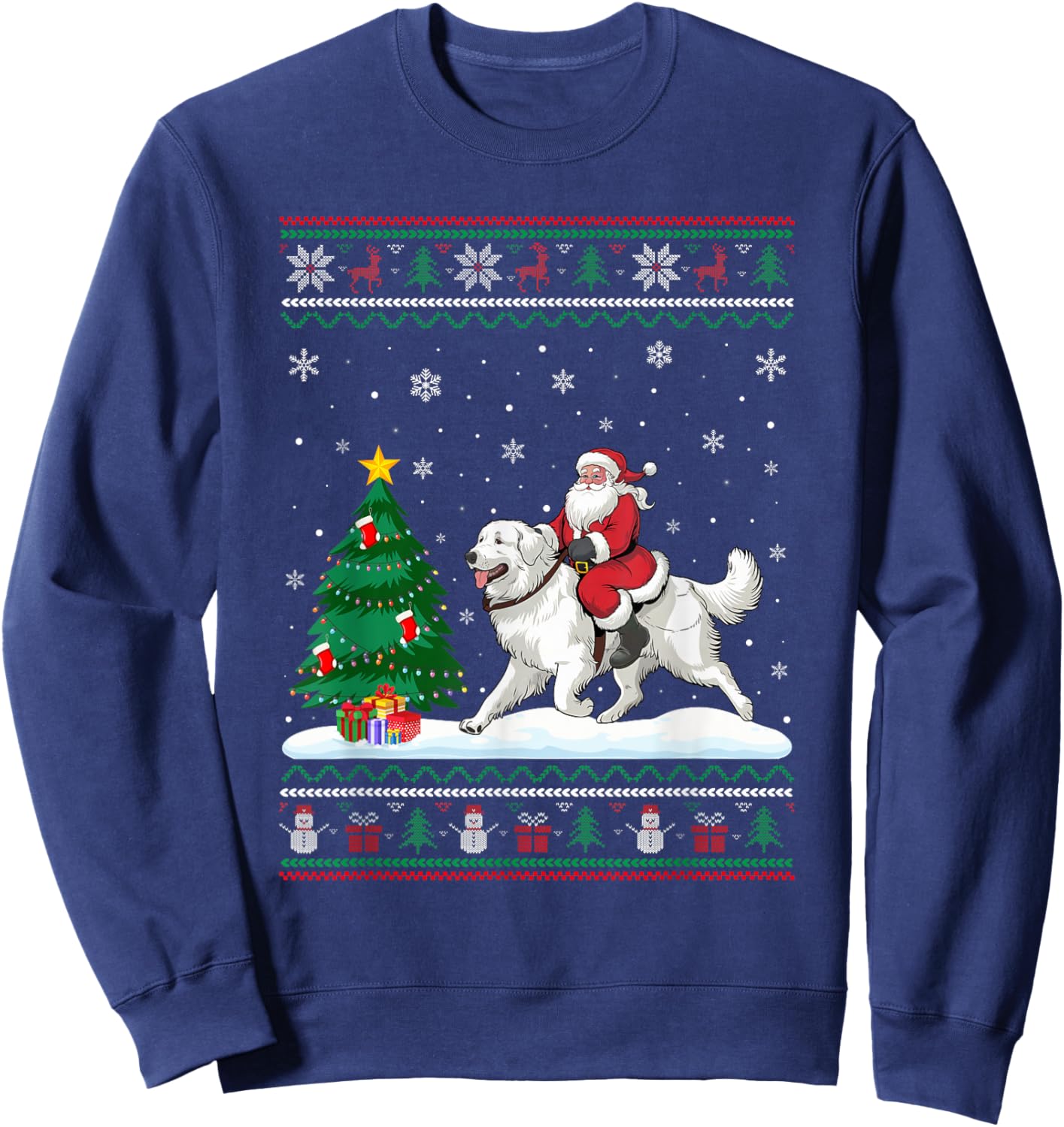 Ugly Christmas Tree Lights Santa Riding Great Pyrenees Dog Sweatshirt - Sweatshirt | Navy