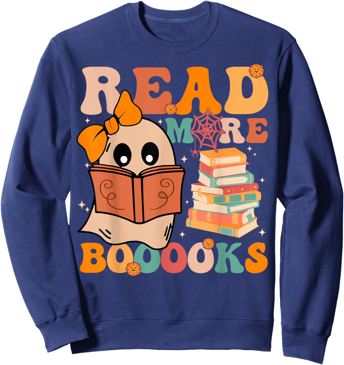 Groovy Booooks Ghost Read More Books Funny Teacher Halloween Men Women Kids Sweatshirt - Sweatshirt | Navy