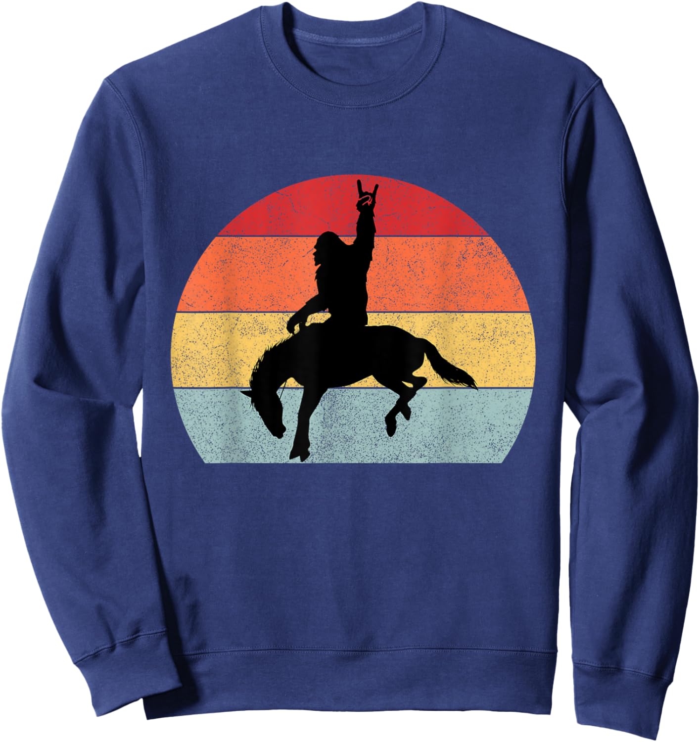 Bigfoot Riding a Horse Rodeo Retro Sunset Funny Sweatshirt - Sweatshirt | Navy