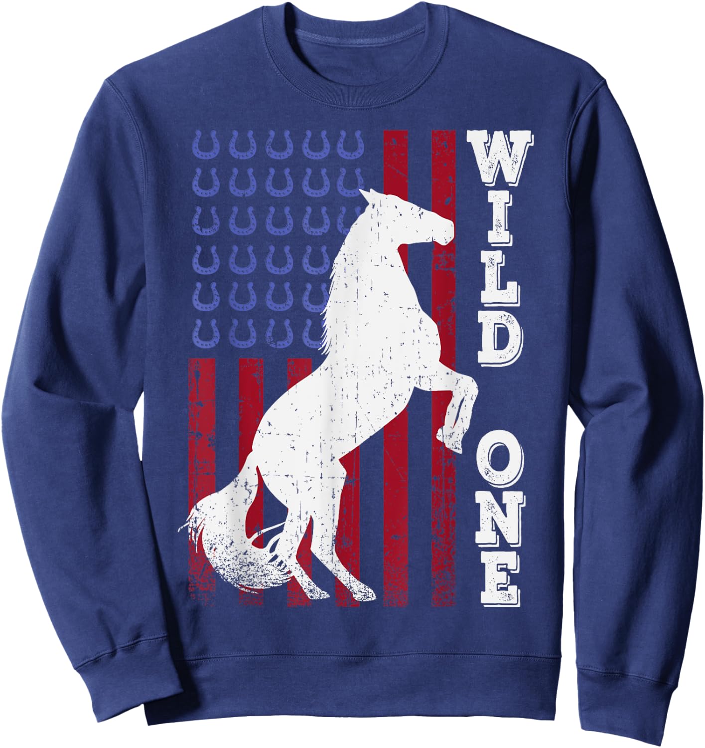Vintage Grunge American USA Flag Wild One Mustang Horse Sweatshirt - Sweatshirt | Navy
