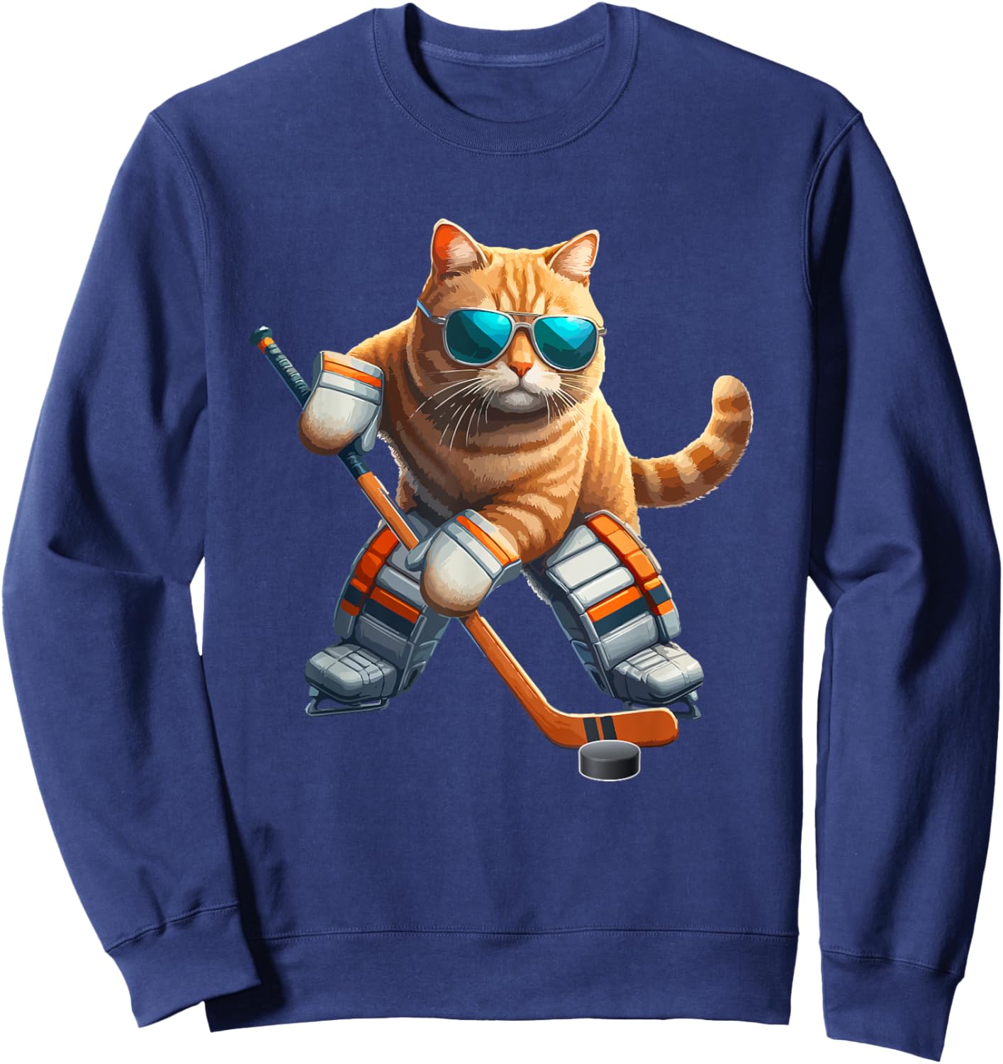Cat Sunglasses Playing Hockey Costume Player Owner Lover Sweatshirt - Sweatshirt | Navy