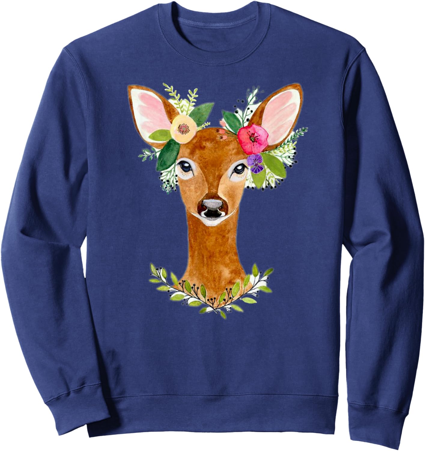 Charming Deer Bohemian Nature Art Floral Deer Artwork Sweatshirt - Sweatshirt | Navy
