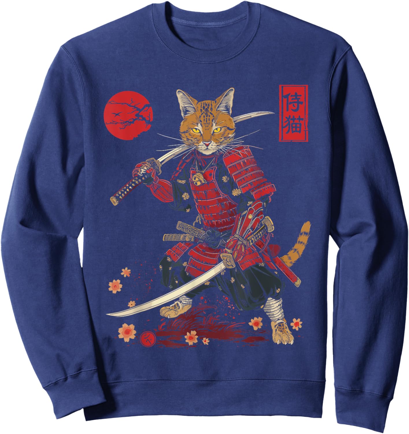 Samurai Cat, Japanese Cat Art Aesthetic, Cat Lover Sweatshirt - Sweatshirt | Navy