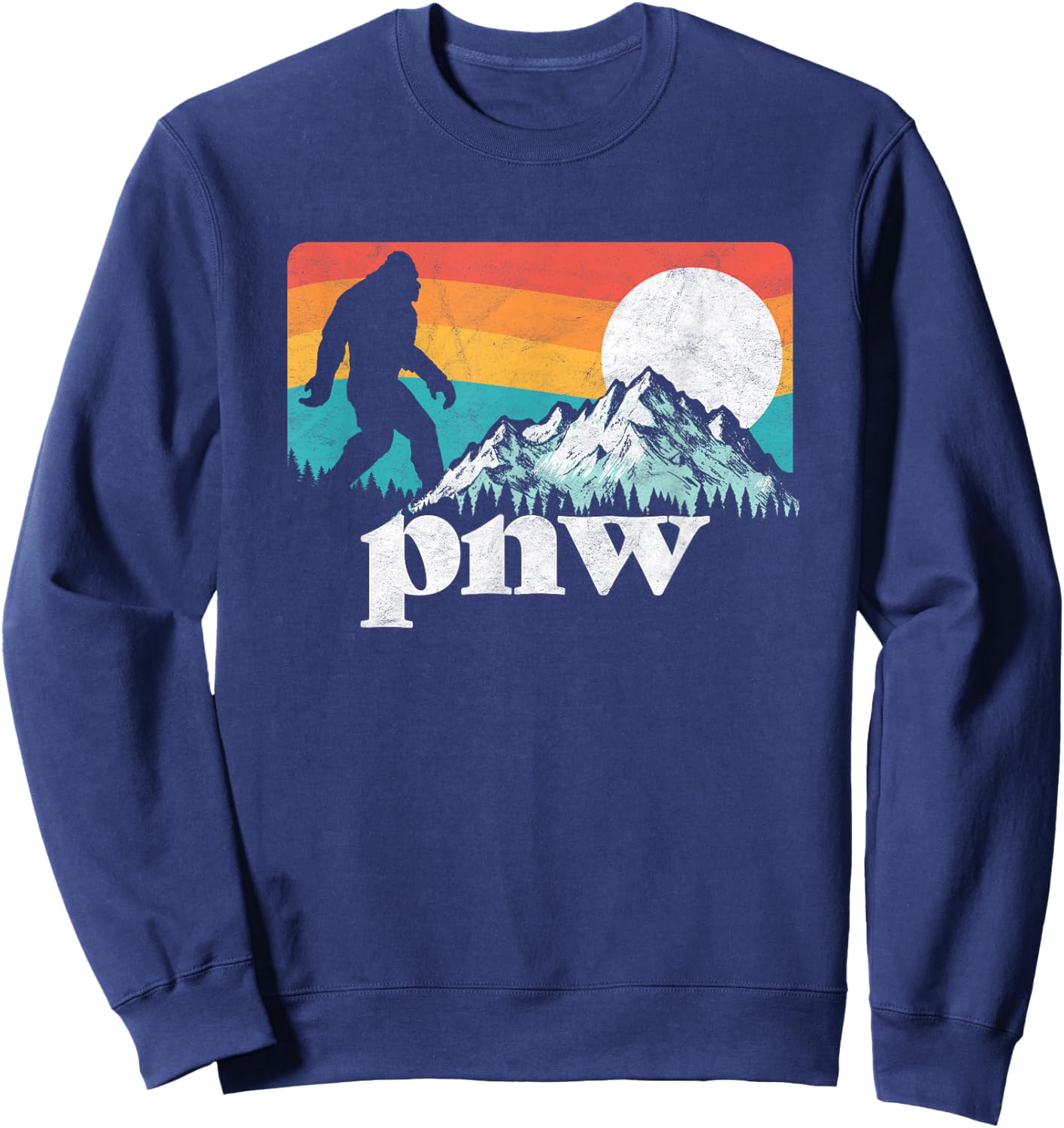 PNW Pacific Northwest Bigfoot Mountains Retro 80s Graphic Sweatshirt - Sweatshirt | Navy