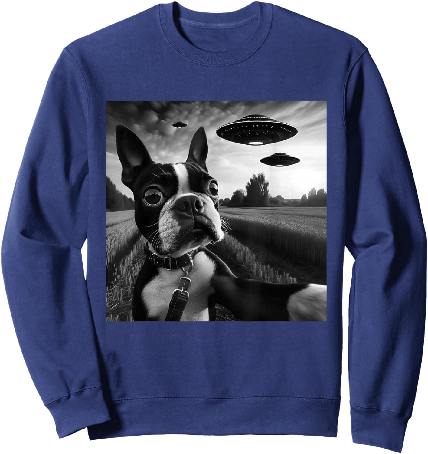 Boston Terrier Funny Graphic Selfie with UFOs Weird Aliens Sweatshirt - Sweatshirt | Navy