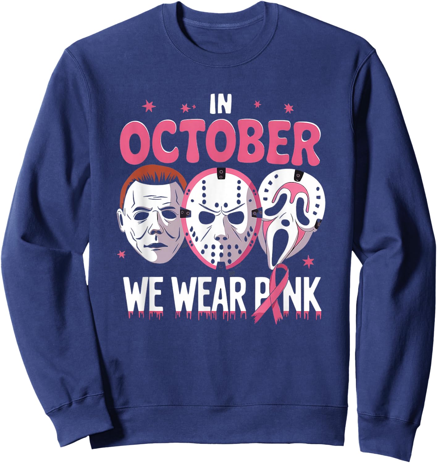 In October We Wear Pink Ghost Halloween Cancer Awareness Sweatshirt - Sweatshirt | Navy