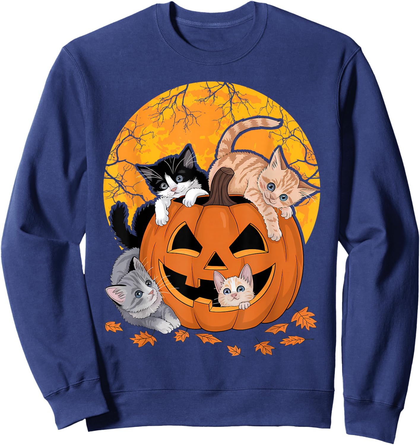 Vintage 90s Cat Pumpkin Halloween Retro Floral Spooky Season Sweatshirt - Sweatshirt | Navy