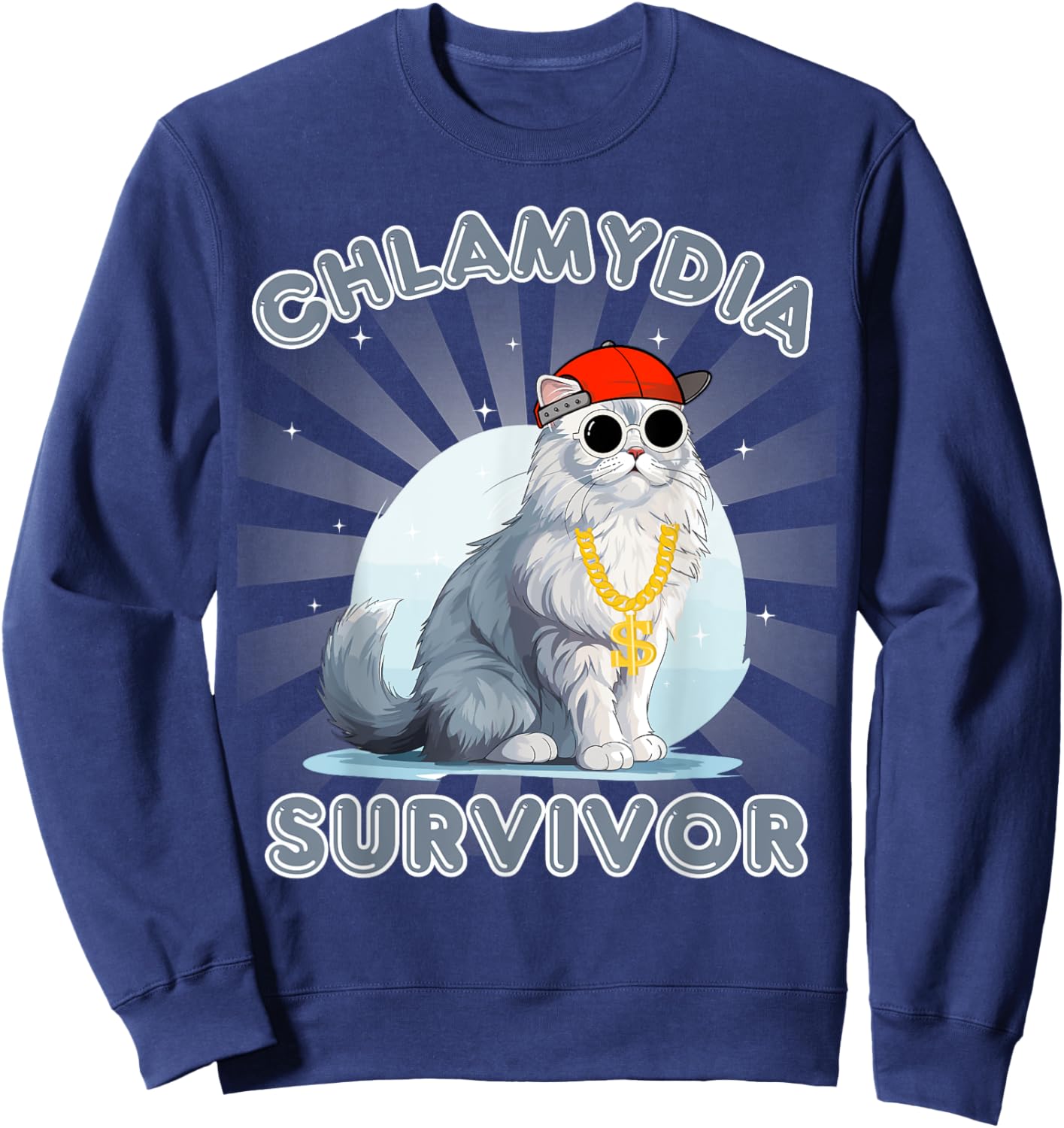 Men and Women Humor Cat Meme Chlamydia Survivor Funny Adult Sweatshirt - Sweatshirt | Navy