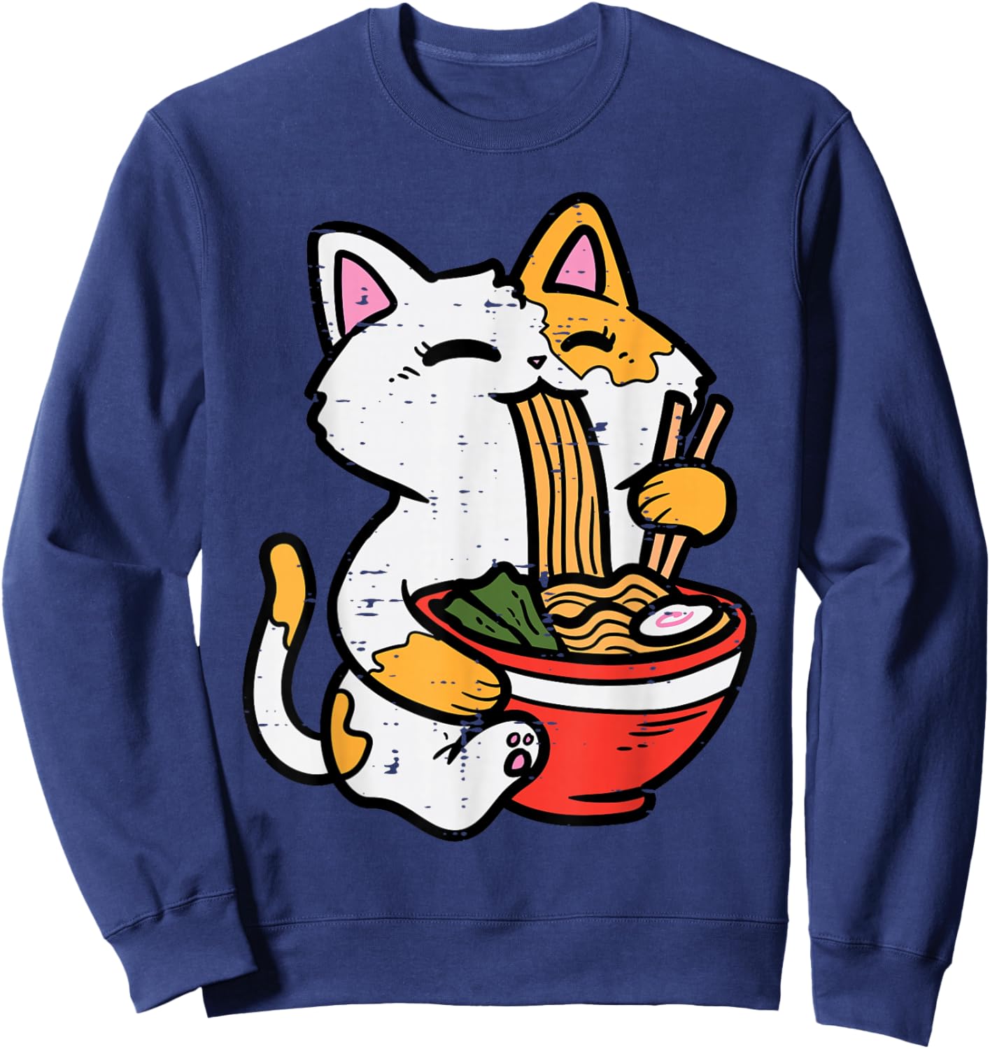 Cat Eating Ramen Cute Japanese Food Women Girls Kids Sweatshirt - Sweatshirt | Navy