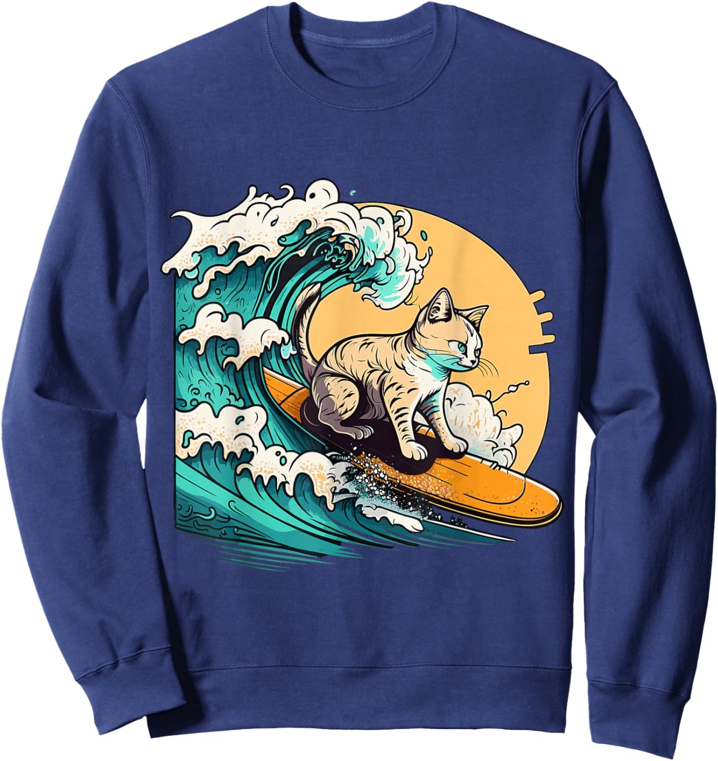 Surfer Cat, Cat On Surfboard, Cat Riding Wave, Funny Surfing Sweatshirt - Sweatshirt | Navy