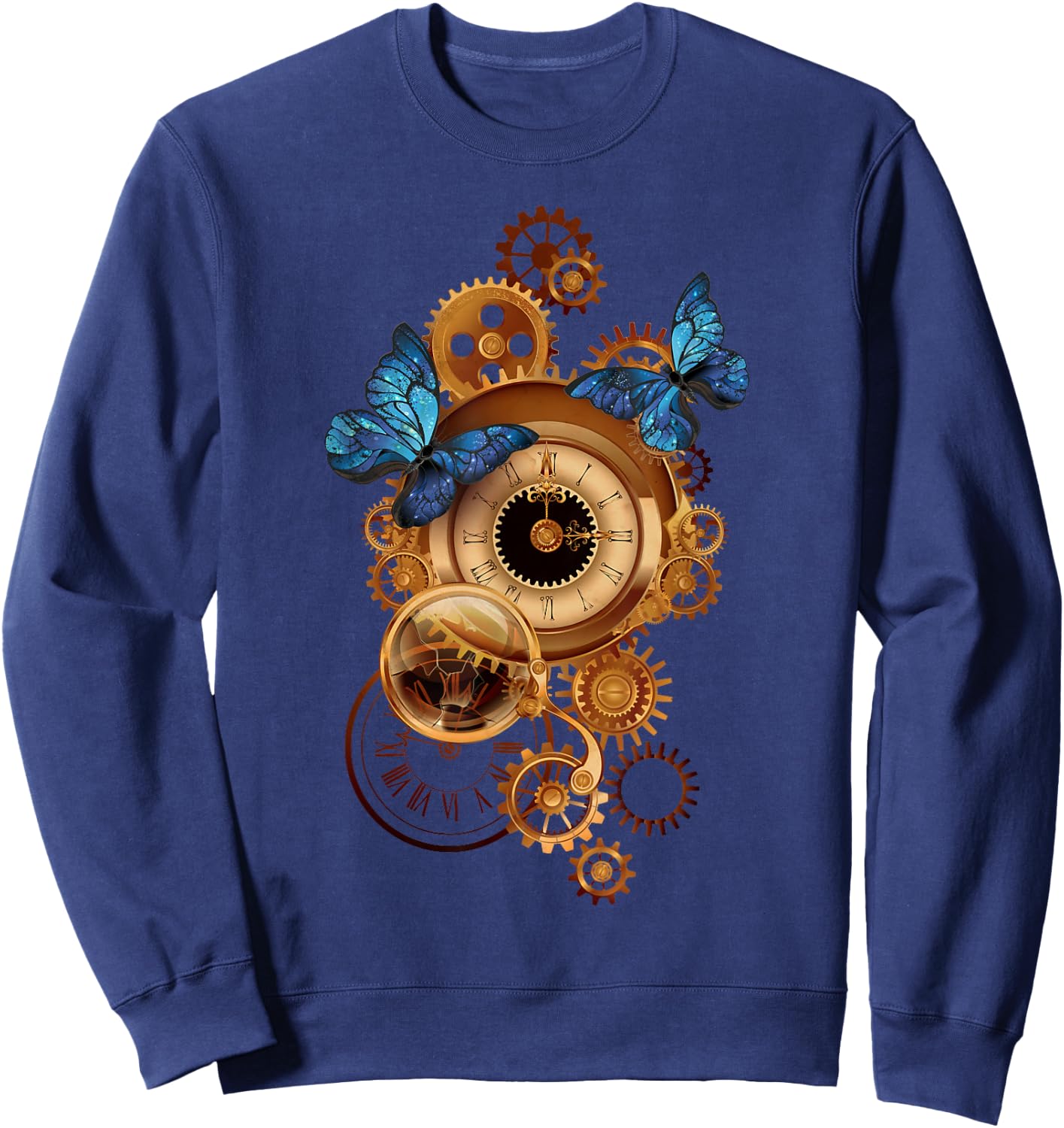 Steampunk Clock Gear and Butterflies Vintage Retro Aesthetic Sweatshirt - Sweatshirt | Navy