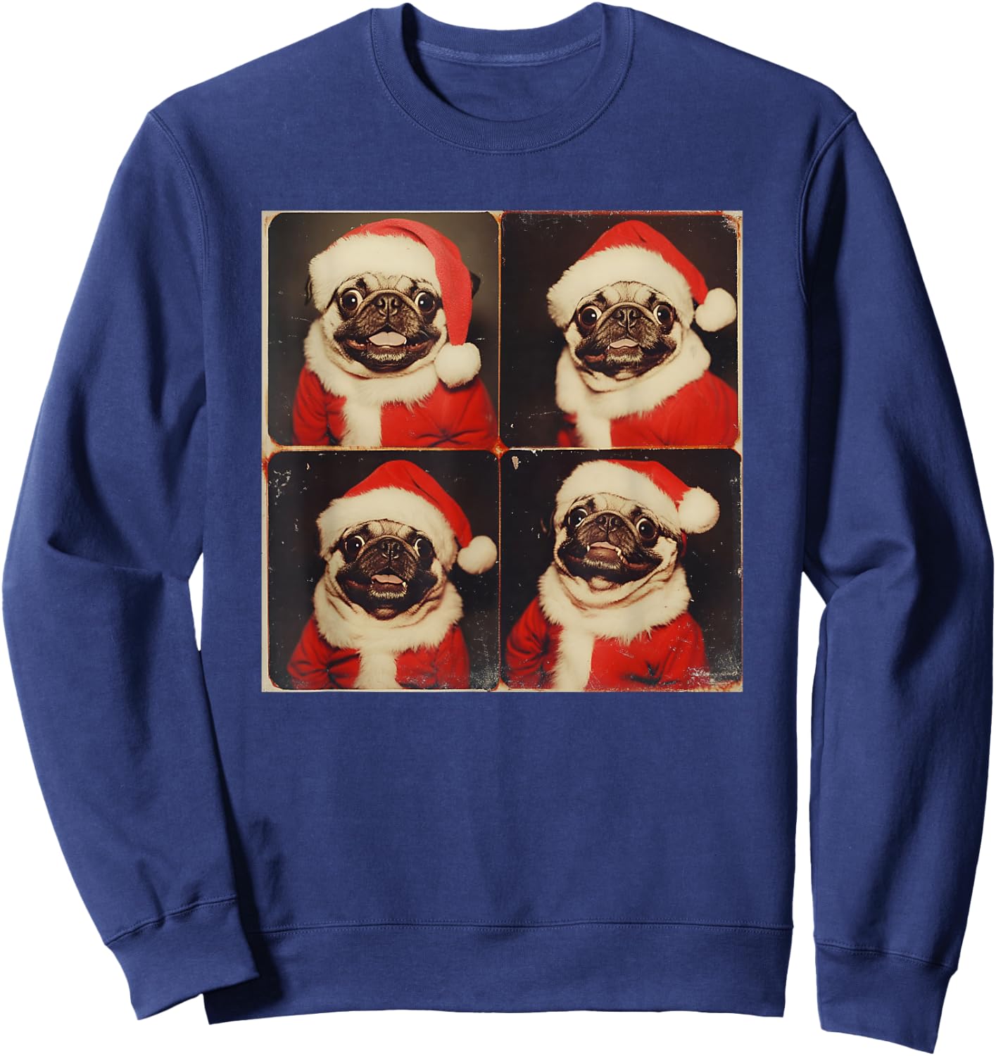 Xmas Pug Owner Photo Booth All Ages Black Cartoon Animal Graphic Modern Short Sleeve Sweatshirt - Sweatshirt | Navy