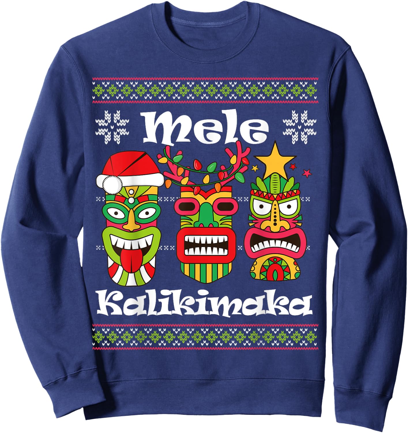Mele Kalikimaka Christmas Hawaiian Santa Tiki Ugly Xmas Sweatshirt - Sweatshirt | Navy