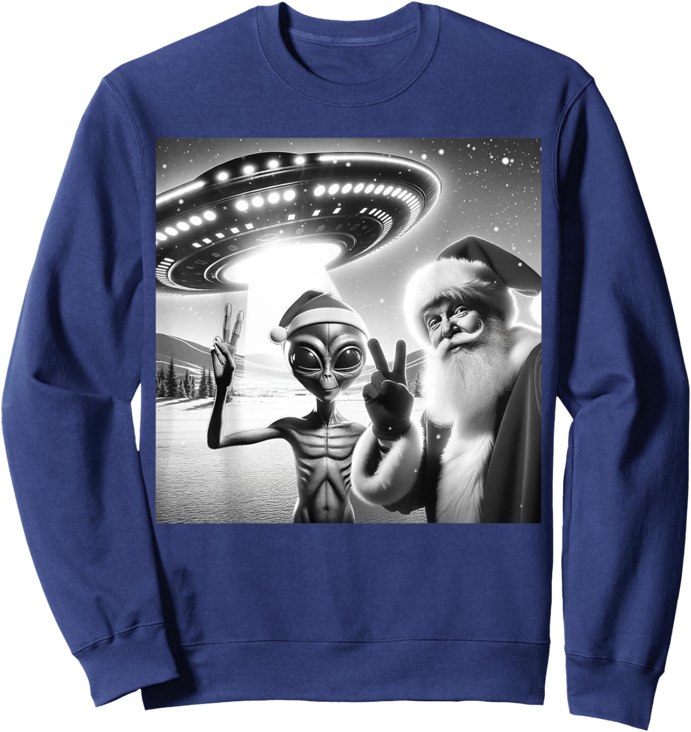 Funny Santa Selfie Alien UFO Lover Peace Sign Ugly Christmas Sweatshirt - Sweatshirt | Navy