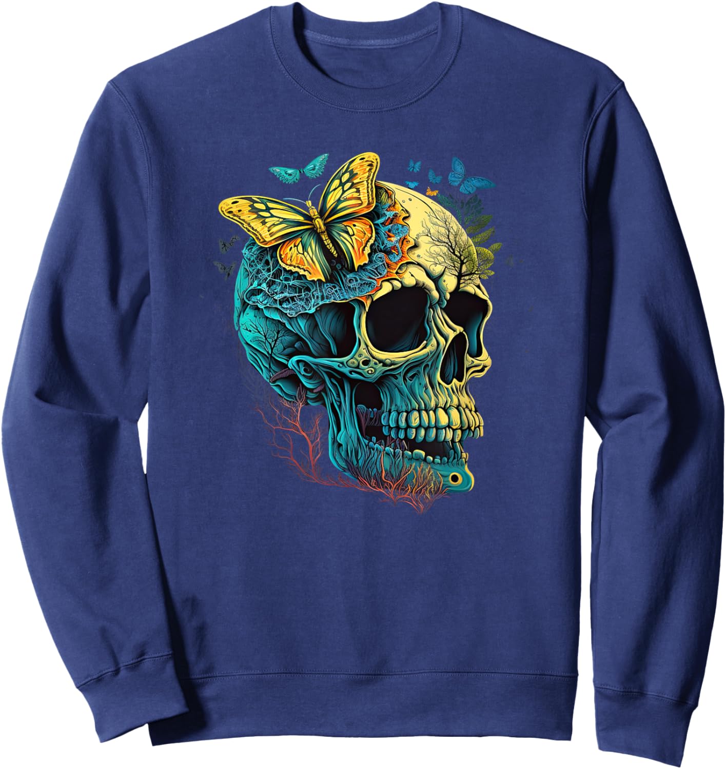 Skull with Vibrant Butterfly flower and mushroom Sweatshirt - Sweatshirt | Navy