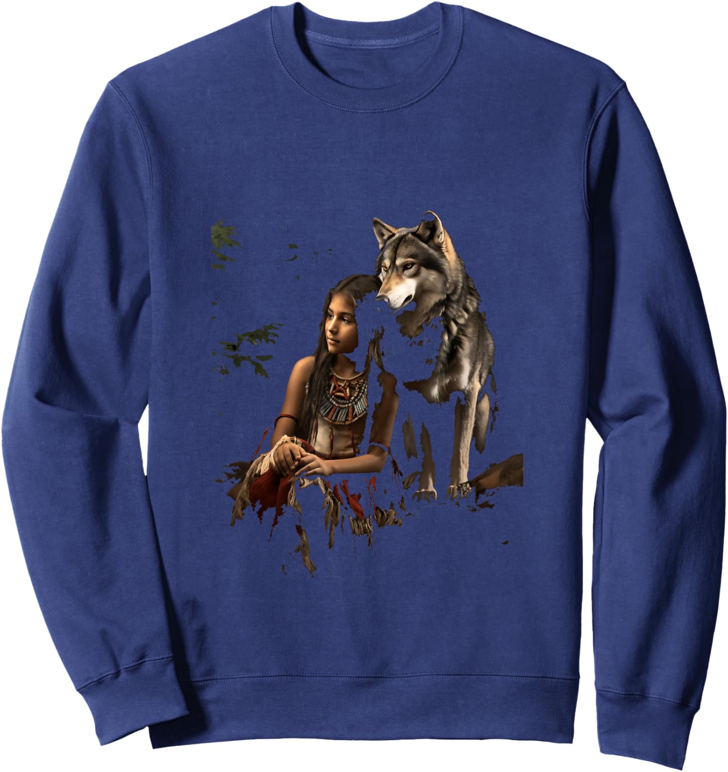 Wolf and Indian Woman Girl Indigenous Ethnic Indians Sweatshirt - Sweatshirt | Navy