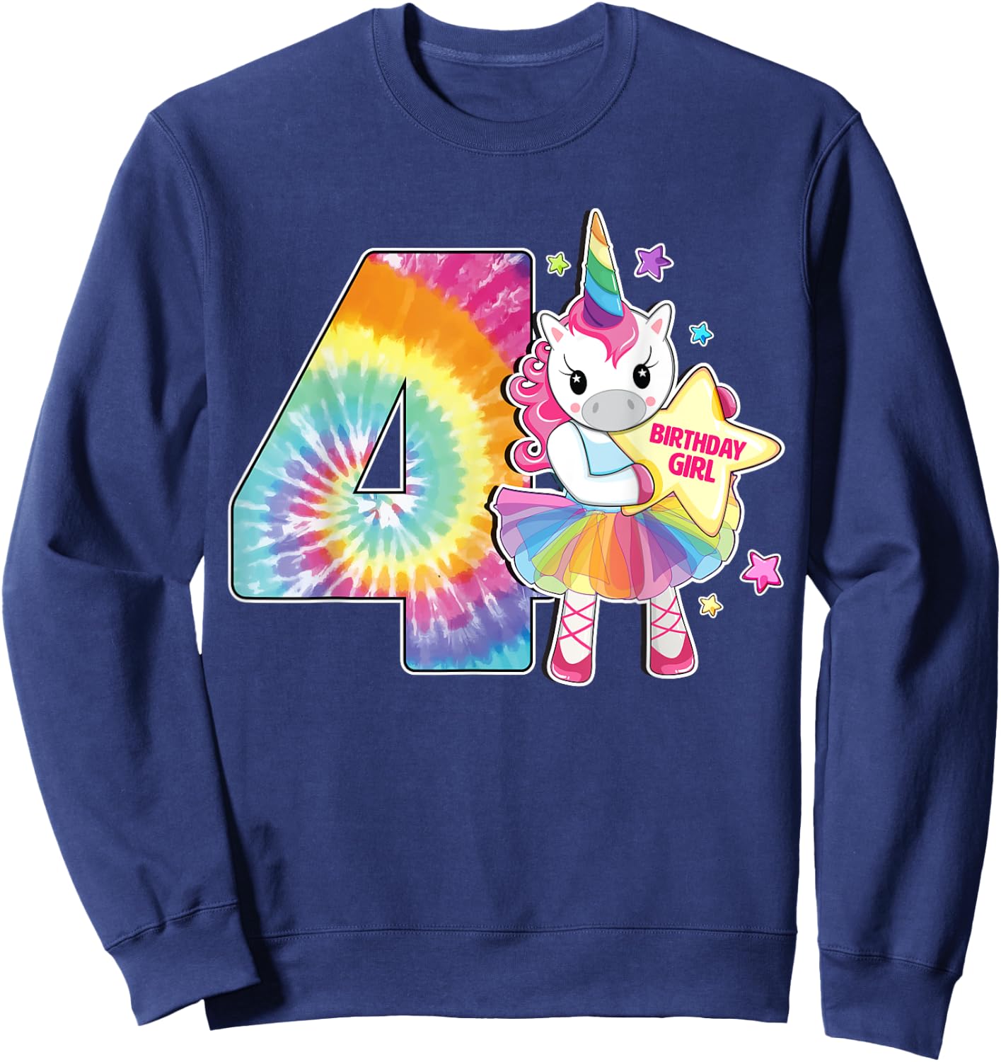 4th Birthday Unicorn Shirt Gift Girls Age 4 Tie Dye Sweatshirt - Sweatshirt | Navy