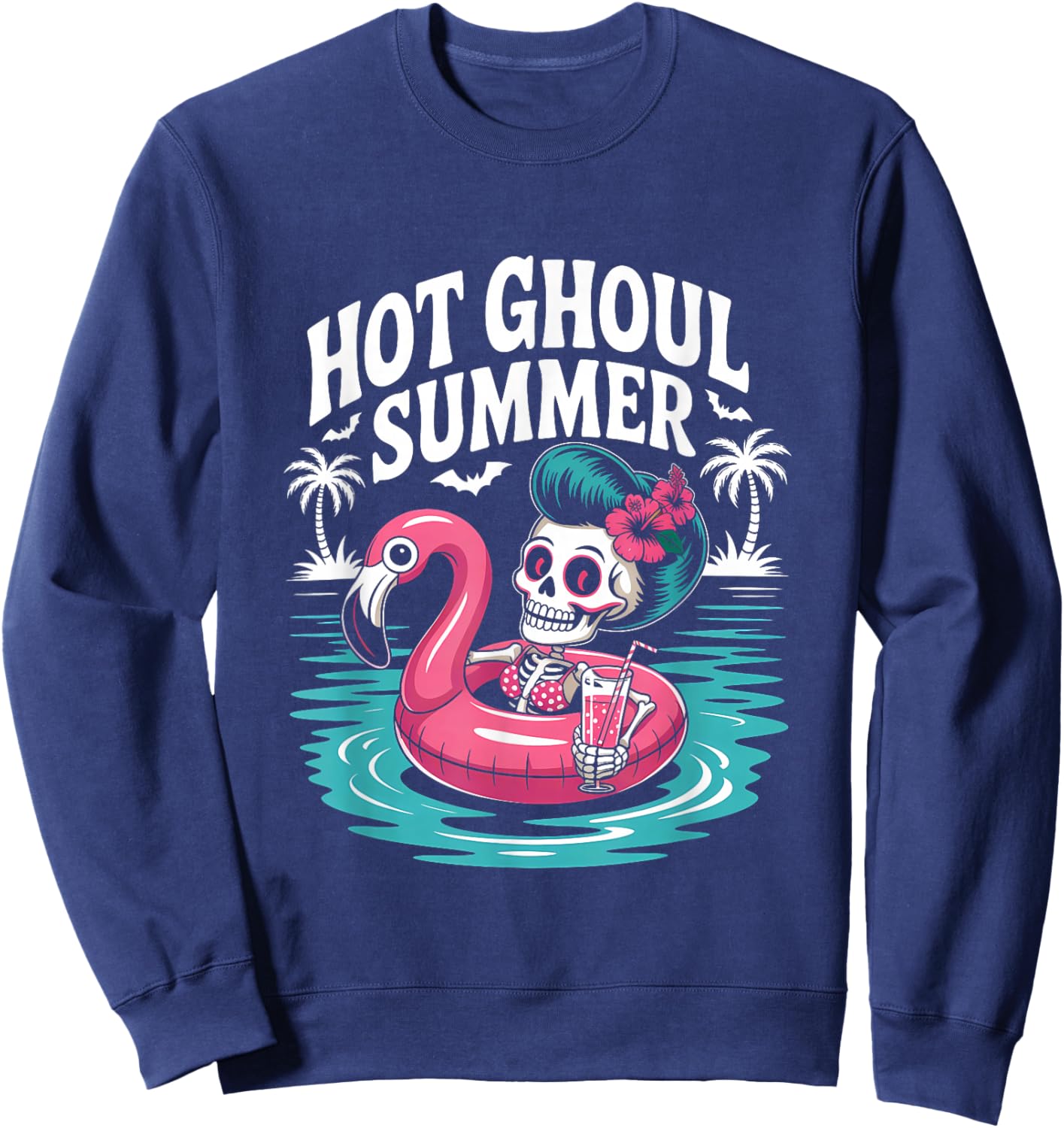 Hot Ghoul Summer Funny Cute Skeleton Flamingo Pool Party Sweatshirt - Sweatshirt | Navy
