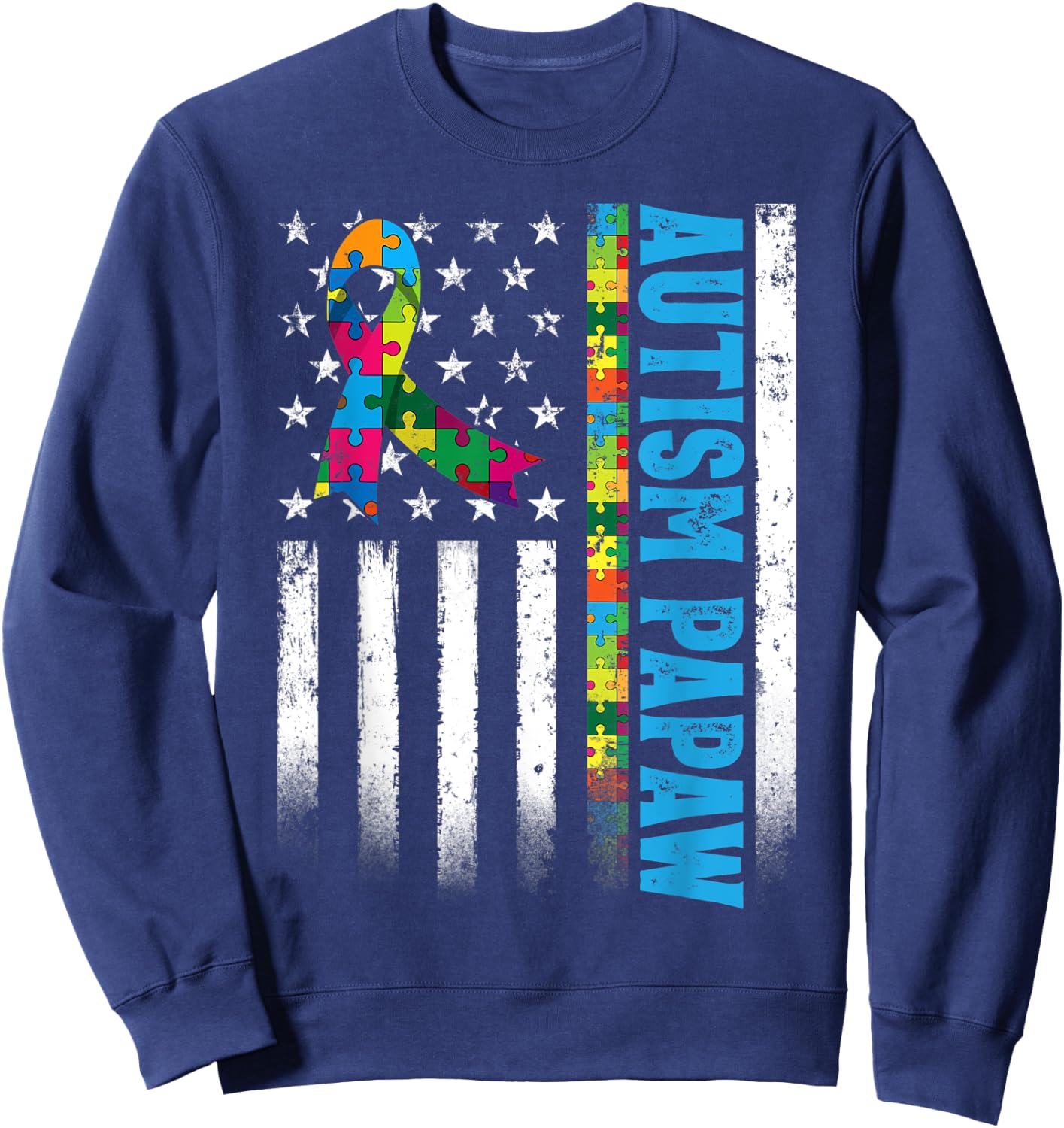 Retro American Flag Autism Papaw Awareness Autistic Sweatshirt - Sweatshirt | Navy