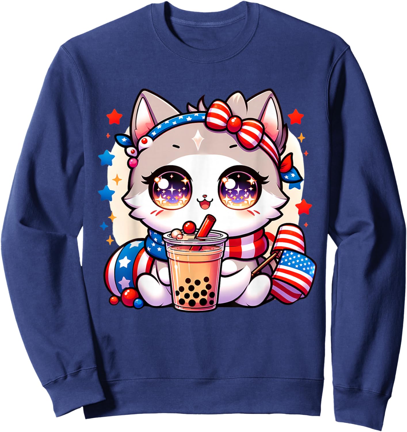 Cute 4th of July Cat Shirt Girls Kawaii Anime Boba Tea USA Sweatshirt - Sweatshirt | Navy