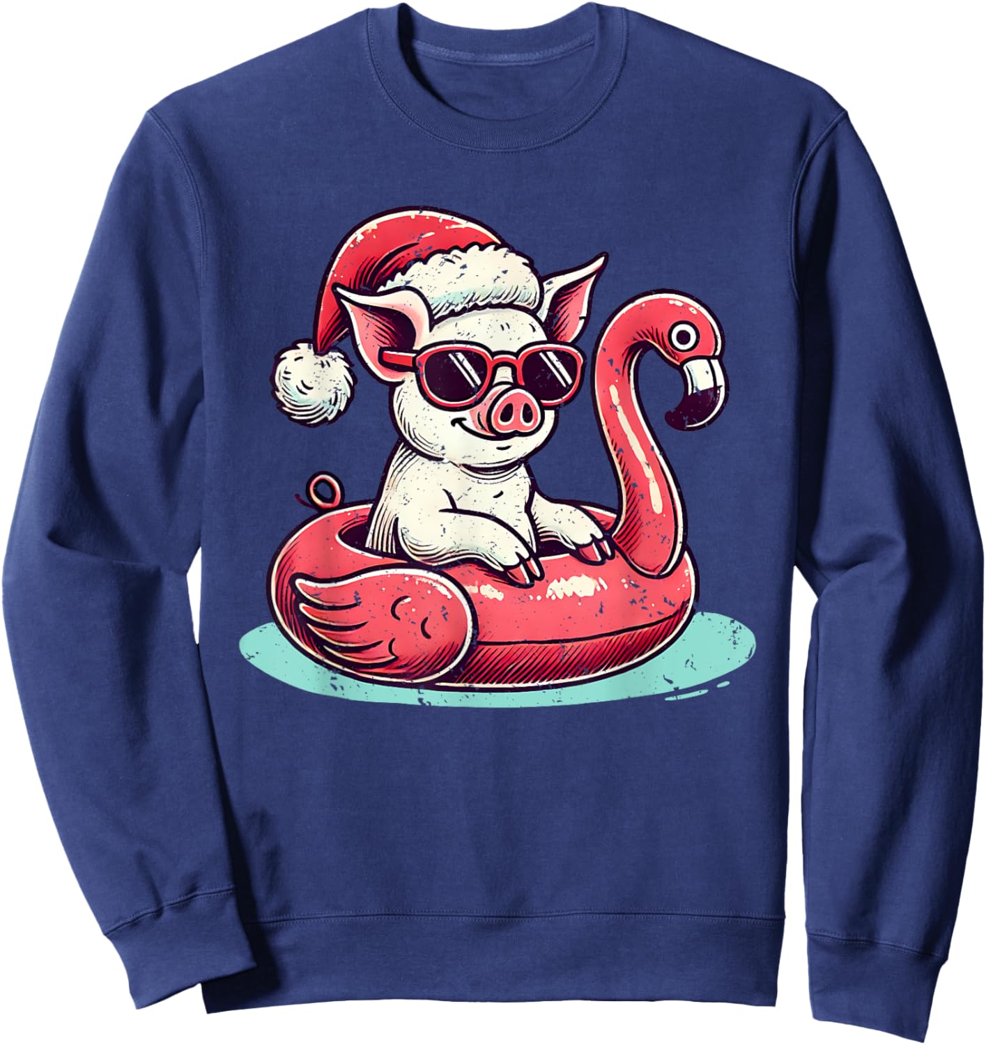 Funny Christmas in July Pig Mom Santa Flamingo Floatie Sweatshirt - Sweatshirt | Navy