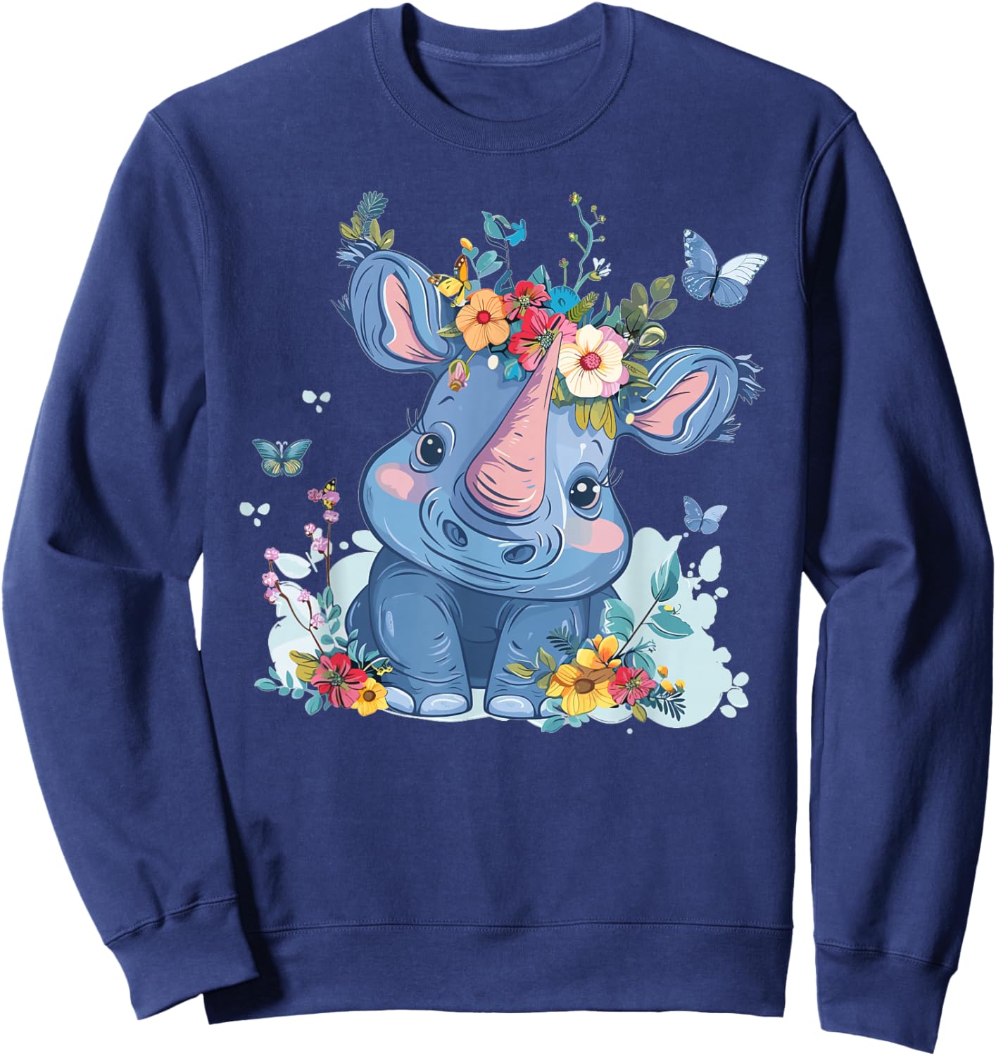 Cute Rhino With Flowers I Kids Rhino Sweatshirt - Sweatshirt | Navy