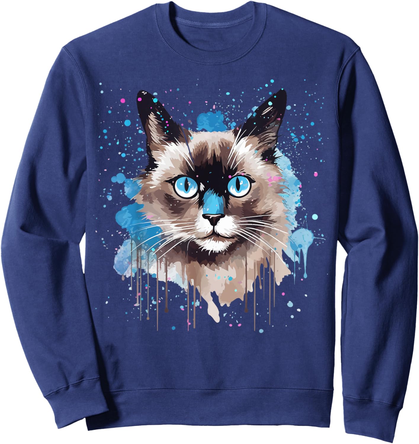 Colorful Splash Art Snowshoe Cat Face Women Kids Sweatshirt - Sweatshirt | Navy