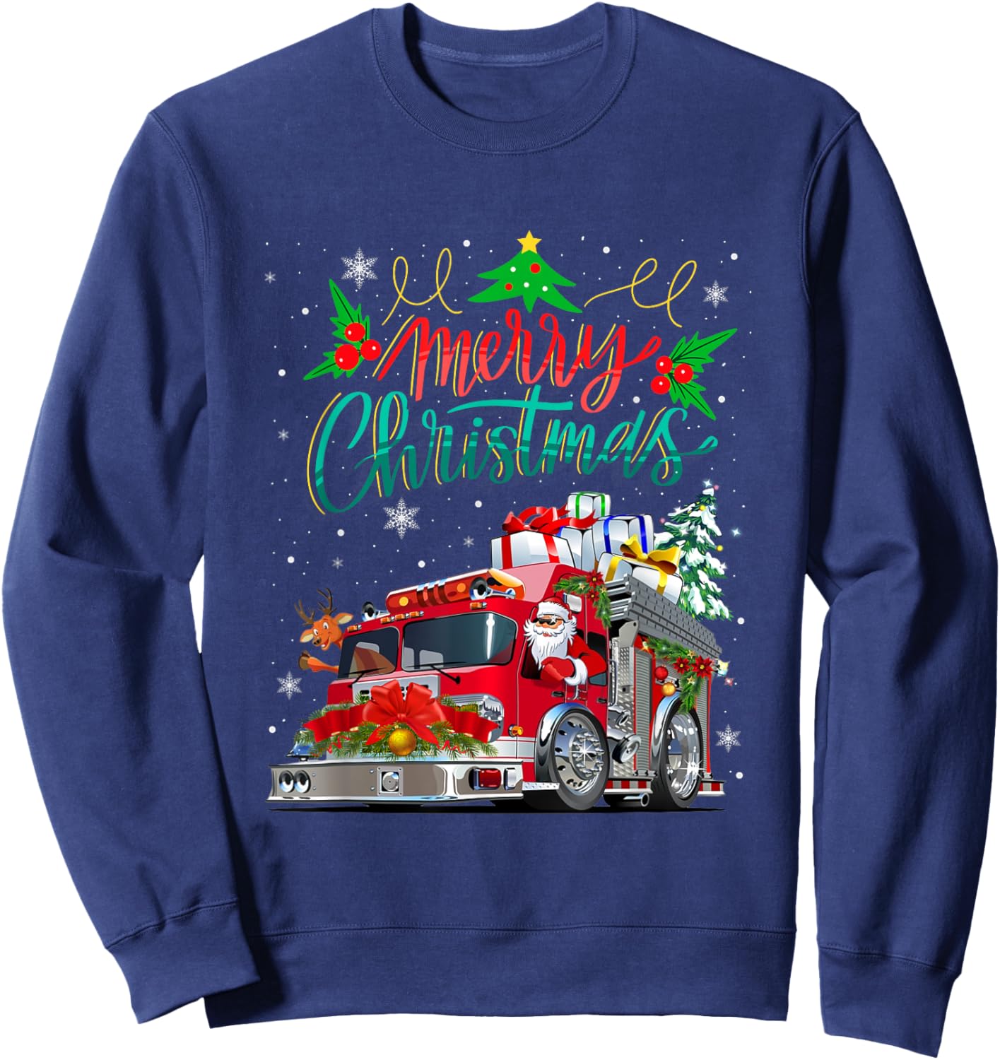 Firetruck Santa Sleigh Fireman Christmas Firefighter Xmas Sweatshirt - Sweatshirt | Navy