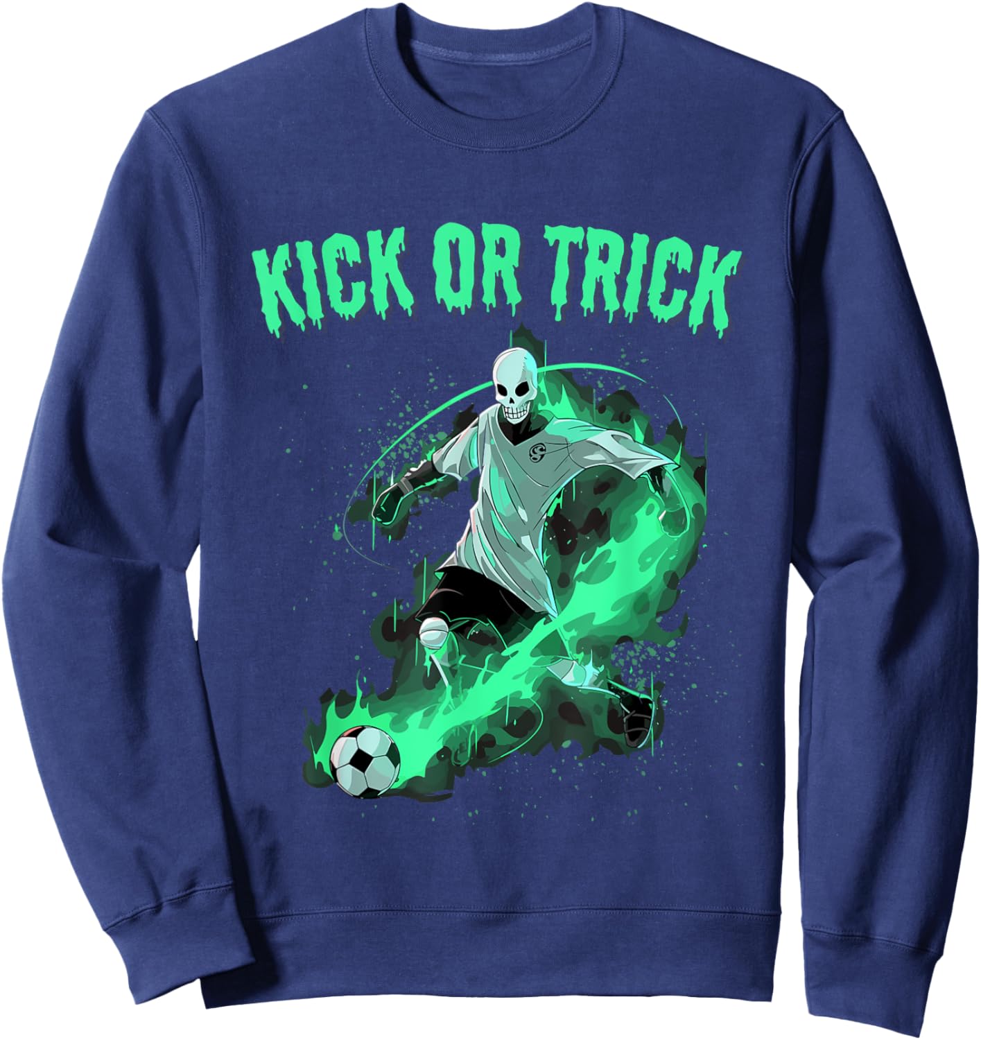Skeleton Soccer Halloween Kick Or Funny Pun Sweatshirt - Sweatshirt | Navy