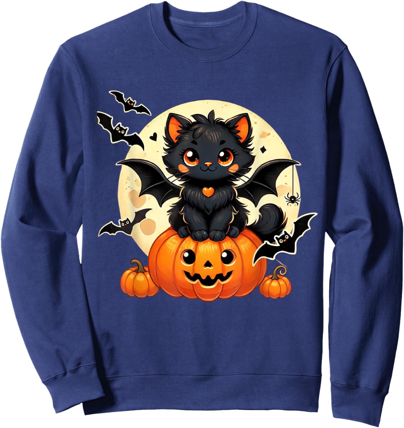 Cute Black Cat With Bat Wings Pumpkin Women Men Halloween Sweatshirt - Sweatshirt | Navy