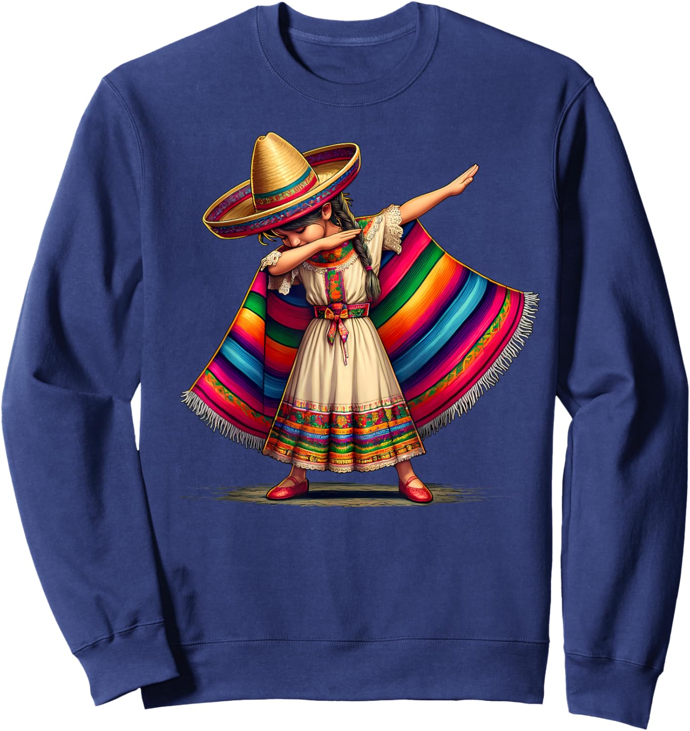 Funny Dabbing Mexican Poncho Sombrero Cinco de Mayo Girl Sweatshirt - Sweatshirt | Navy