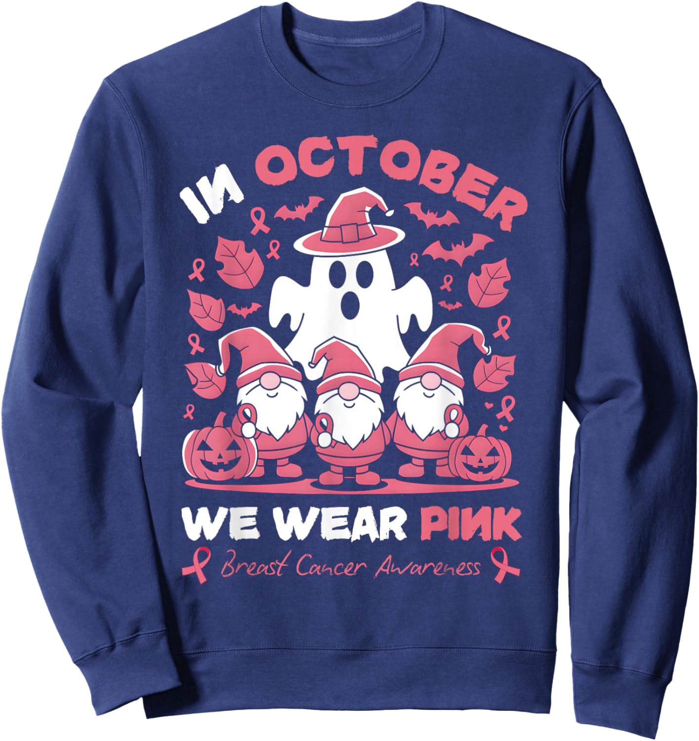 In October We Wear Pink Gnomes Ghost Breast Cancer Awareness Sweatshirt - Sweatshirt | Navy