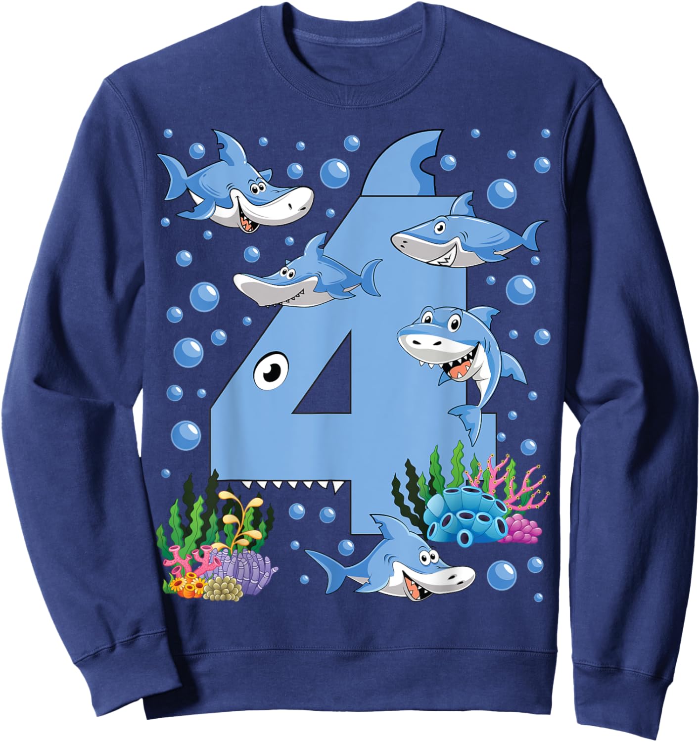 Kids 4 Years Old Shark Ocean Theme 4th Birthday Boy Party Sweatshirt - Sweatshirt | Navy