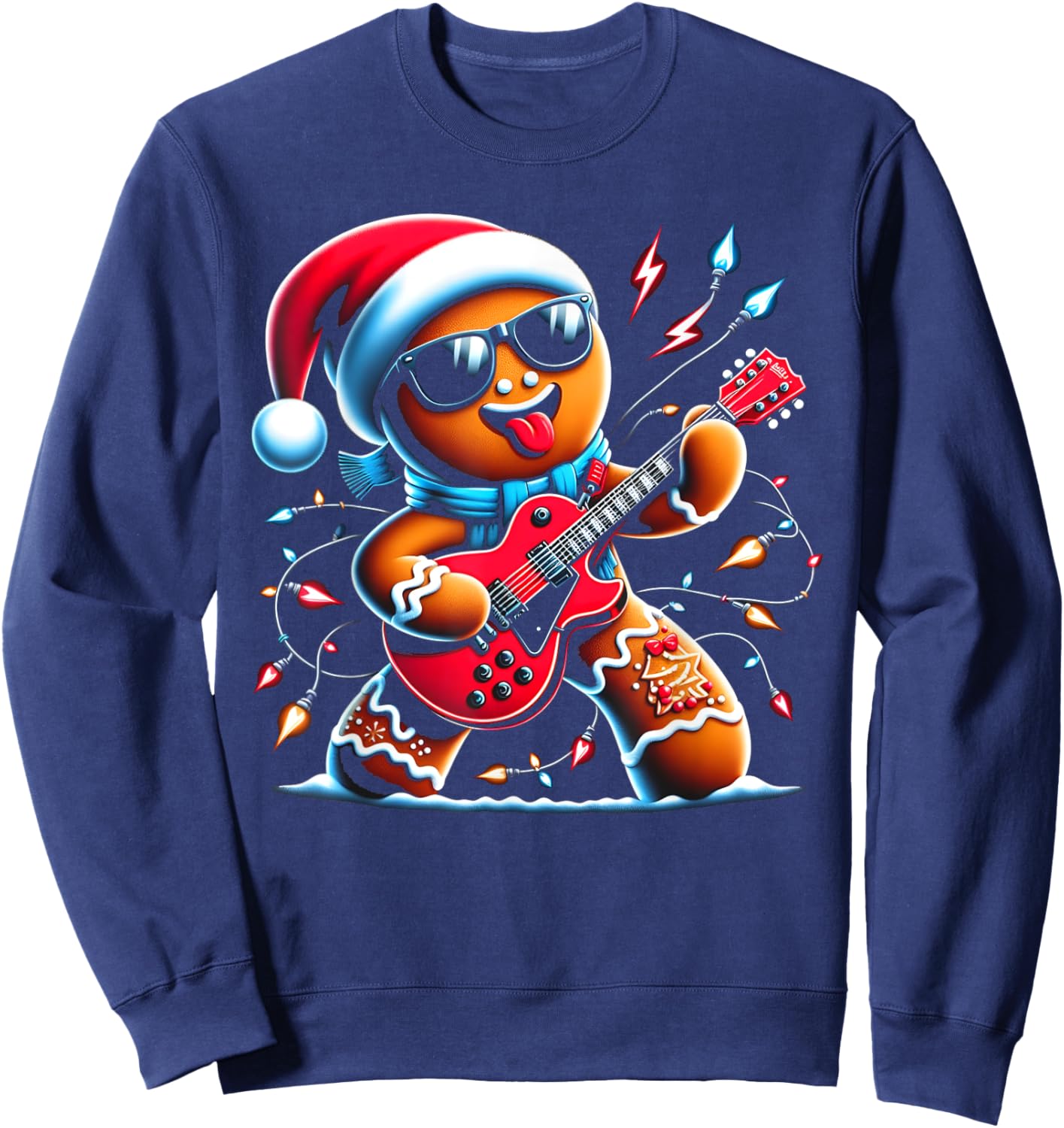 Rock Guitar Gingerbread Playing Guitar -Funny Christmas Kids Sweatshirt - Sweatshirt | Navy