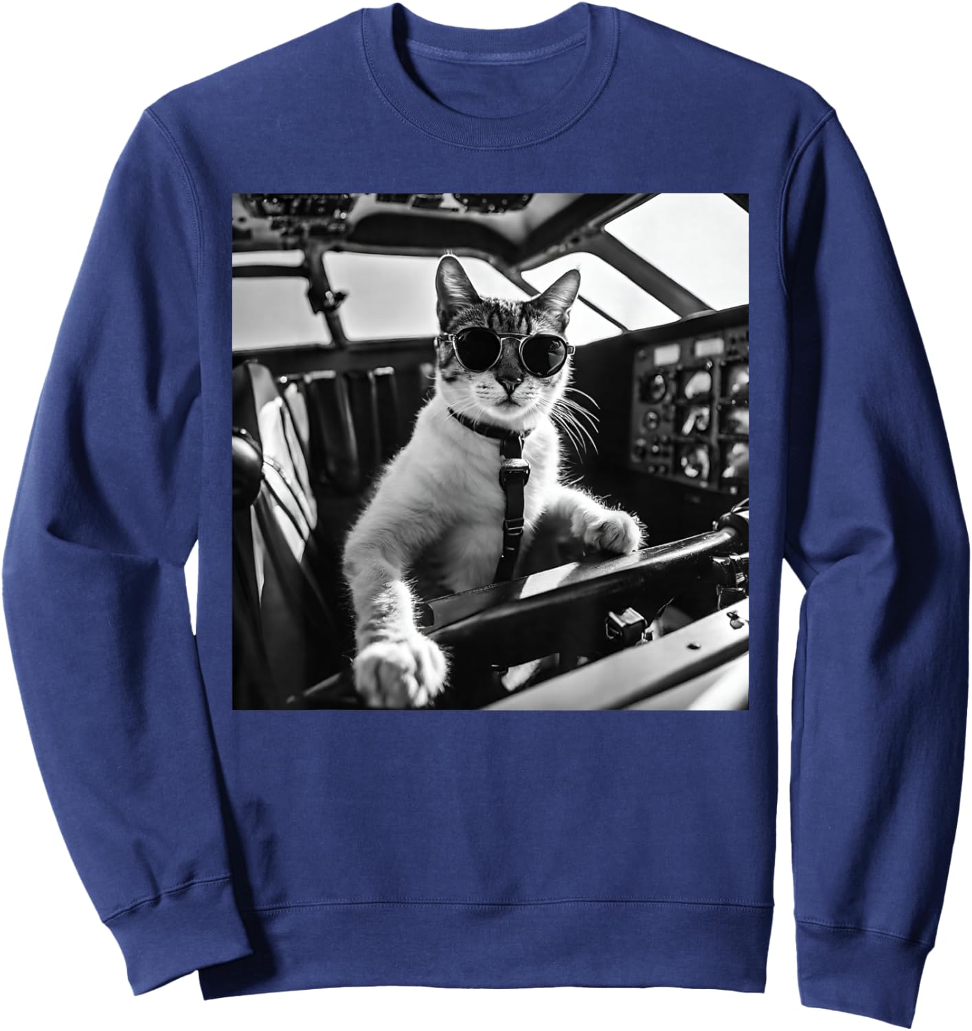 Funny Pilot Cat Wearing Sunglasses Flying A Plane Sweatshirt - Sweatshirt | Navy
