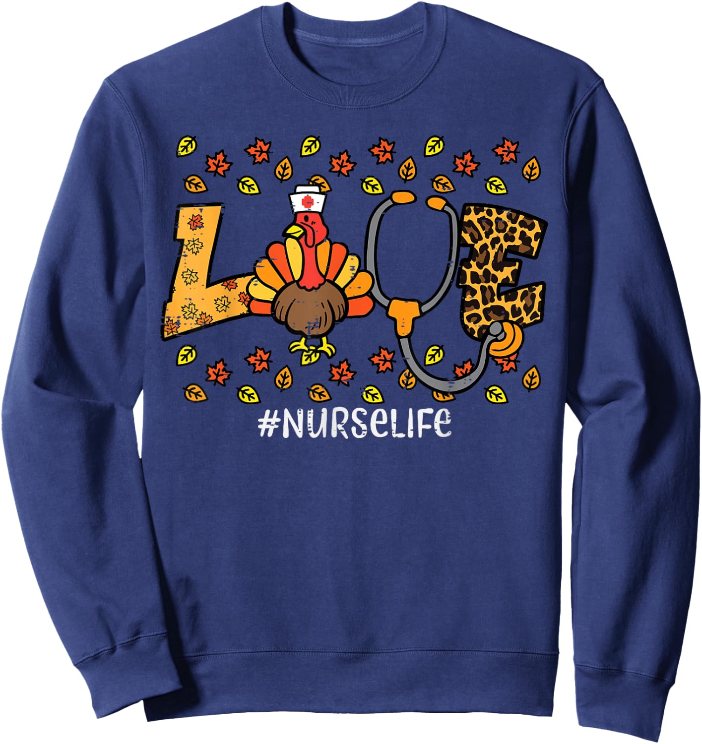 Leopard Love Turkey Nurse Thanksgiving Fall Scrub Top Women Sweatshirt - Sweatshirt | Navy