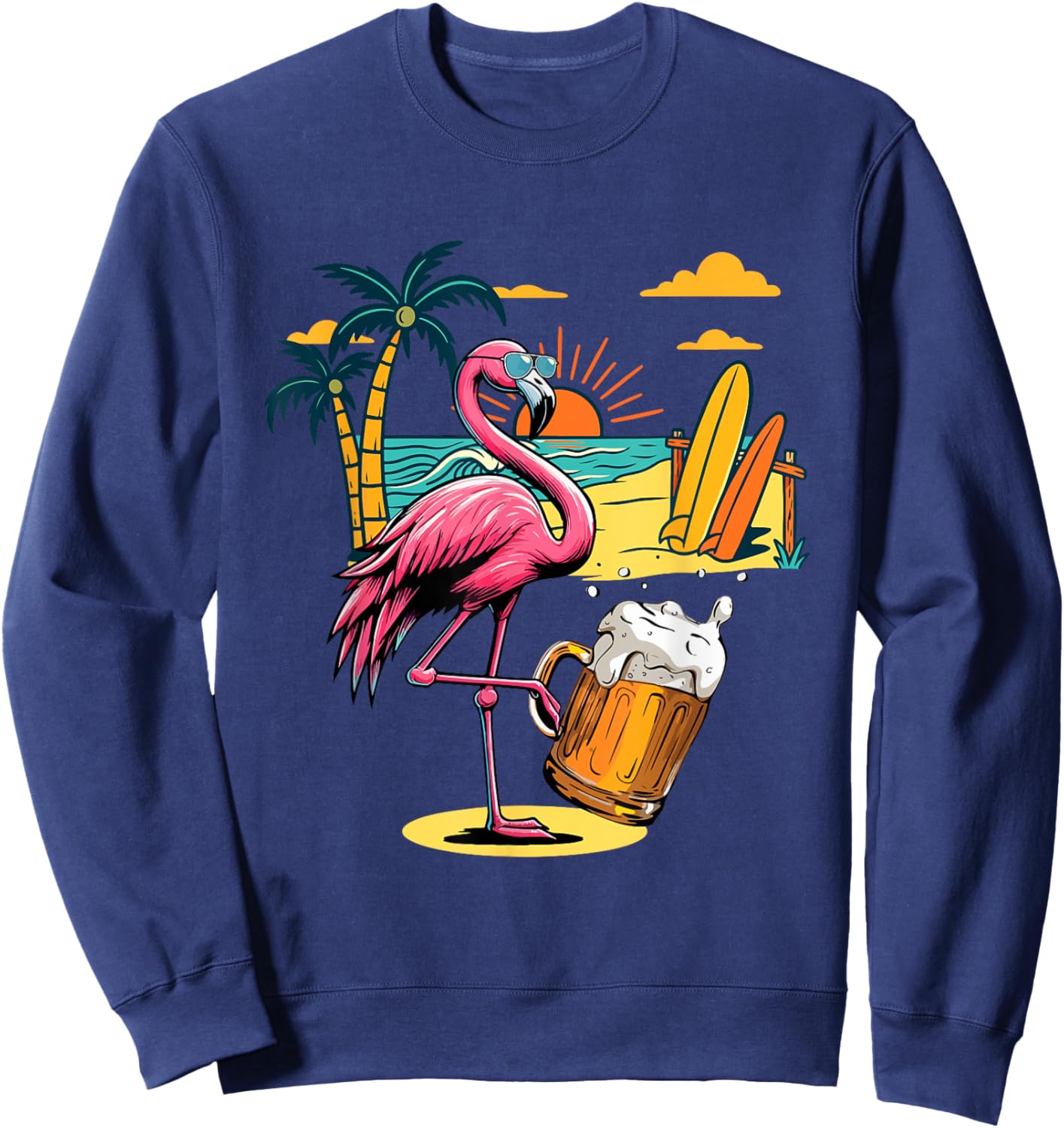 Flamingo Sunglasses Drinking Beer On Beach Funny Summer Sweatshirt - Sweatshirt | Navy