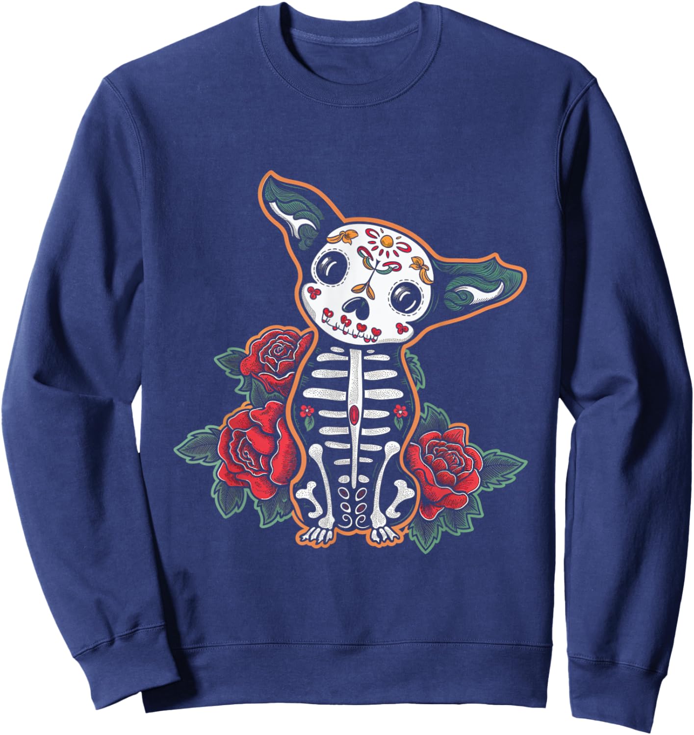 Calavera Chihuahua Skeleton Floral Colorful Art Sweatshirt - Sweatshirt | Navy