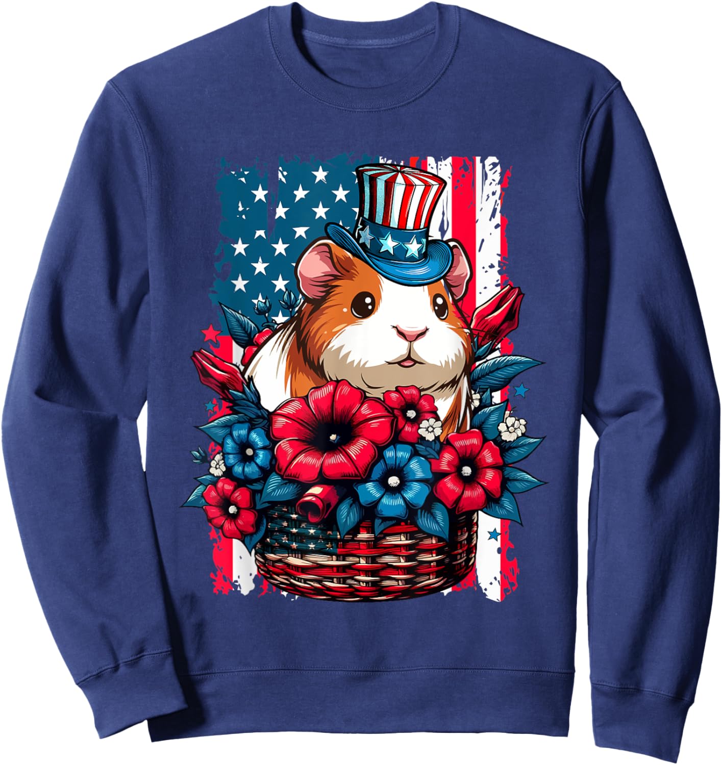 Guinea Pig Inside Flowers Basket 4th July US Flag Patriotic Sweatshirt - Sweatshirt | Navy