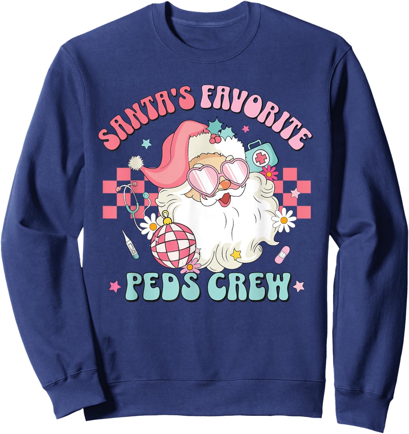 Retro Pink Christmas Santa's Favorite PEDS Nurse Pediatrics Sweatshirt - Sweatshirt | Navy