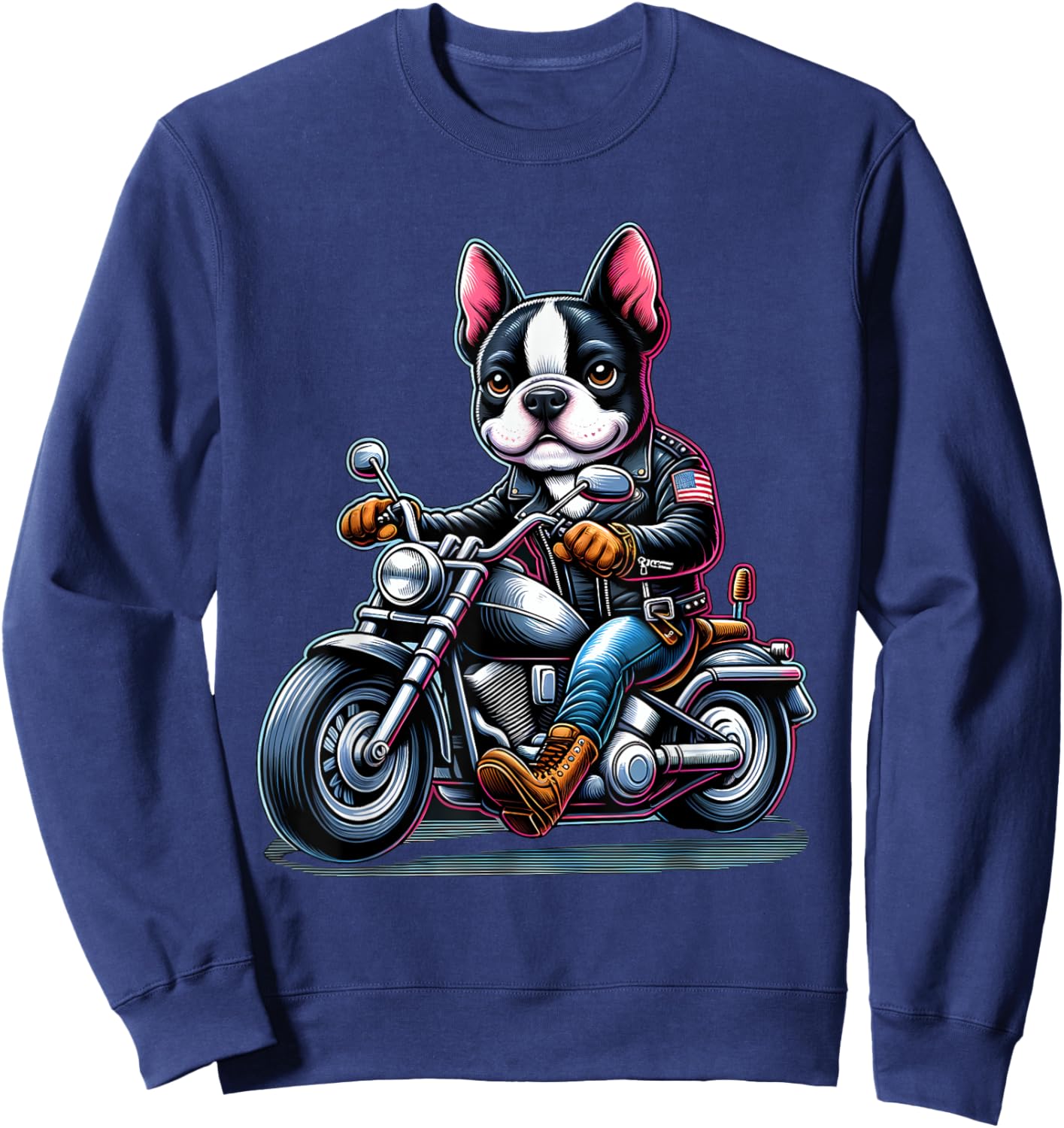 Biker Boston Terrier Dog Riding Motorbike Sweatshirt - Sweatshirt | Navy