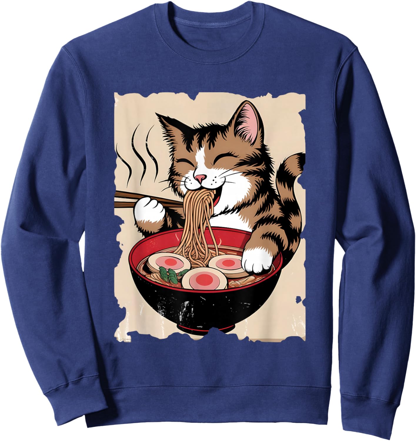 Retro Ramen Apparel Gifts Cat Eating Ramen - Funny Noodle Soup Lover Kawaii -Adults Black Small Sweatshirt - Sweatshirt | Navy