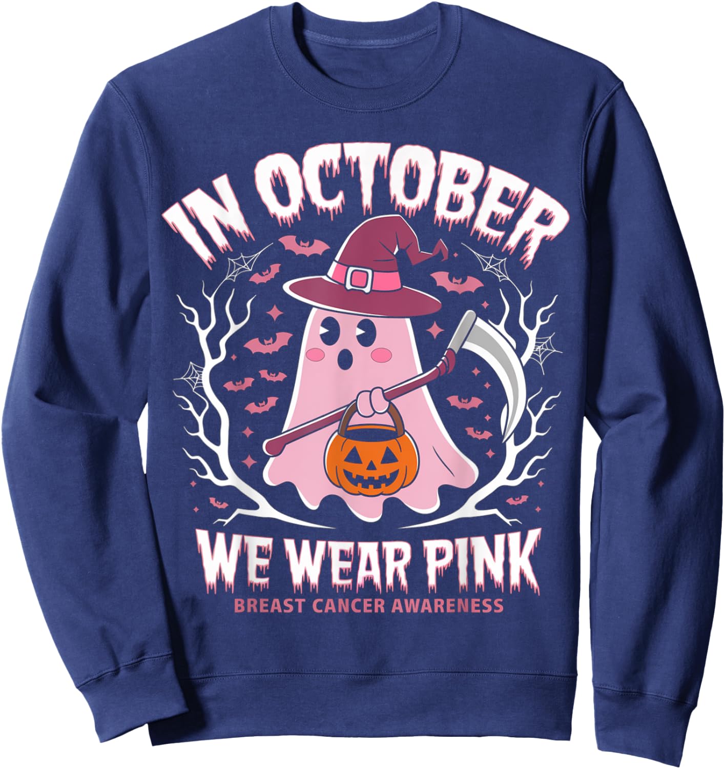 Breast Cancer Women Halloween Ghost In October We Wear Pink Sweatshirt - Sweatshirt | Navy