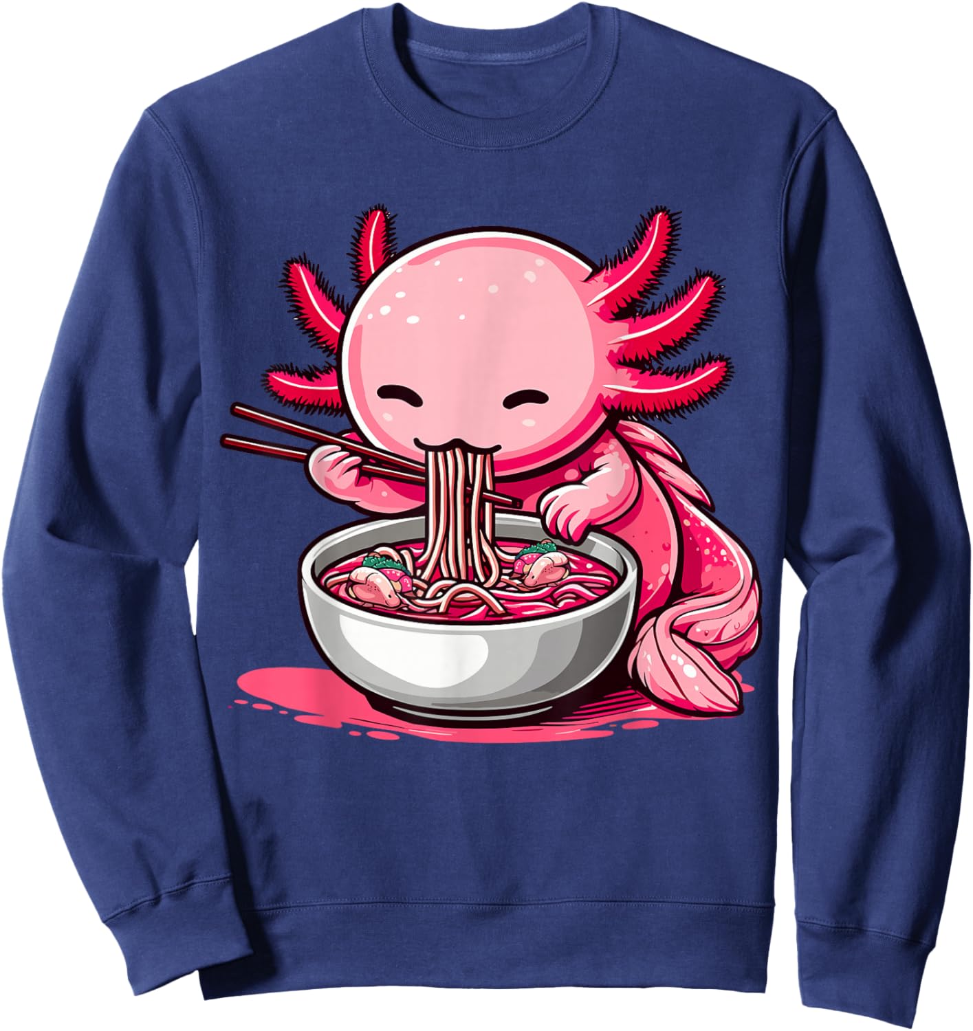 Funny Axolotl Noodle Gifts Anime Kawaii Axolotl Eating Ramen Noodles Kids Teen Adult Black Small Sweatshirt - Sweatshirt | Navy