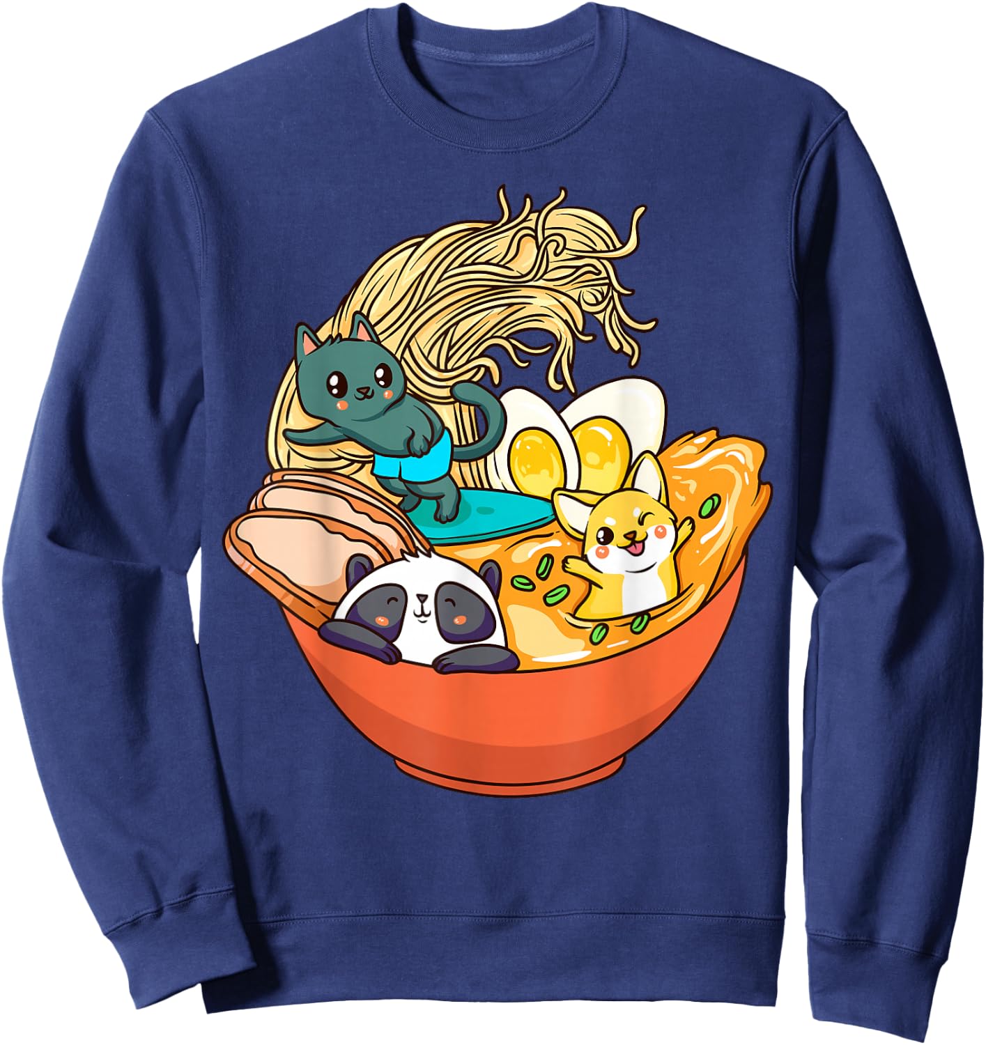 Cute Kawaii Cat Ramen Bowl Japanese Anime Panda Dog Noodle Sweatshirt - Sweatshirt | Navy