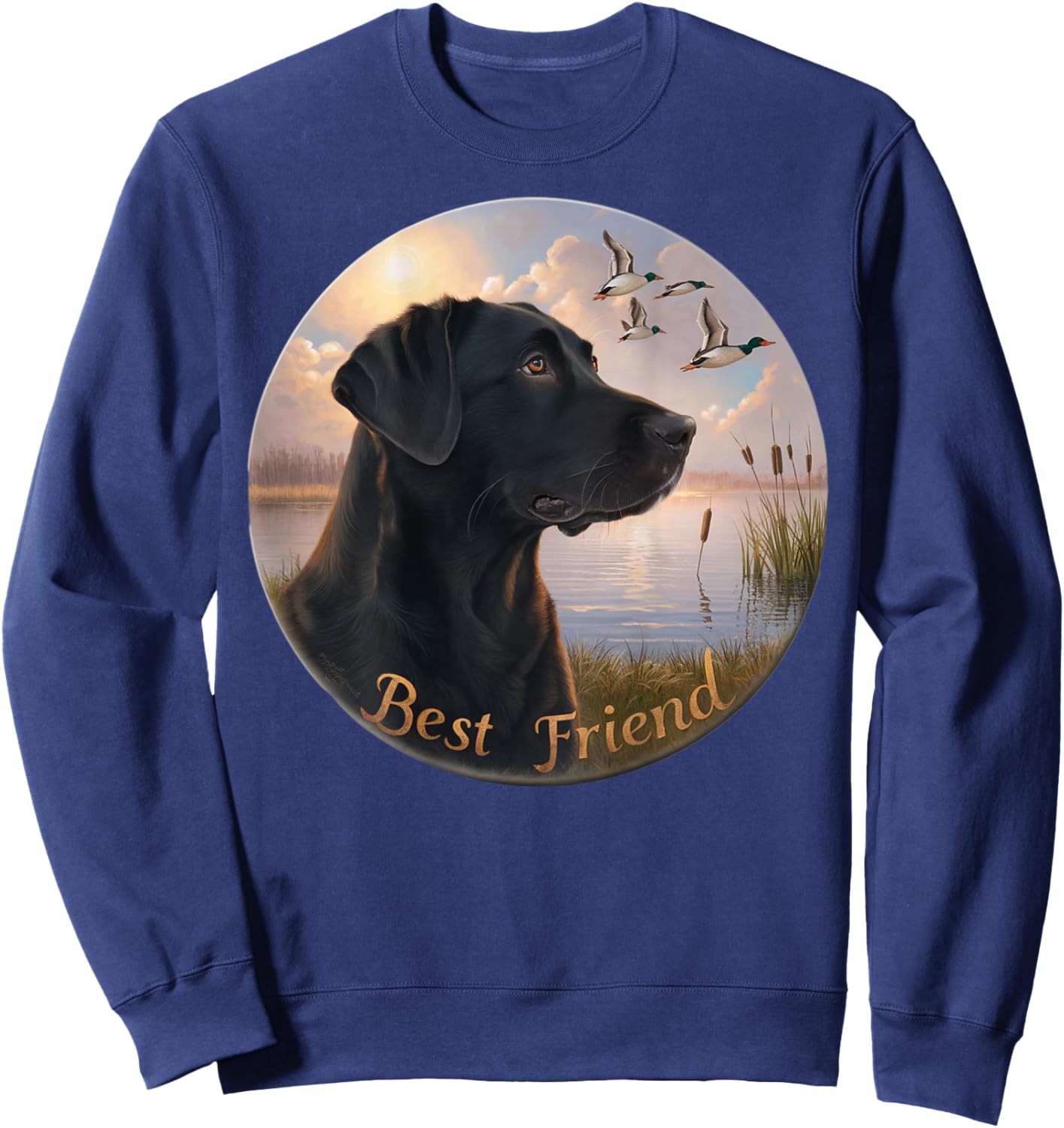 BACK PRINT. Hunting black labrador dog and geese with ducks Sweatshirt - Sweatshirt | Navy